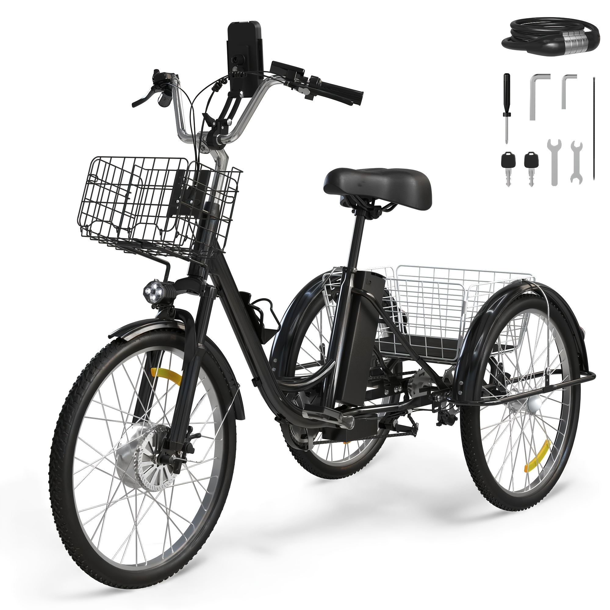 Adult Electric Tricycle, 350W 36V White Electric Tricycle, 7-Speed Adult Electric Tricycle with Large Capacity Basket