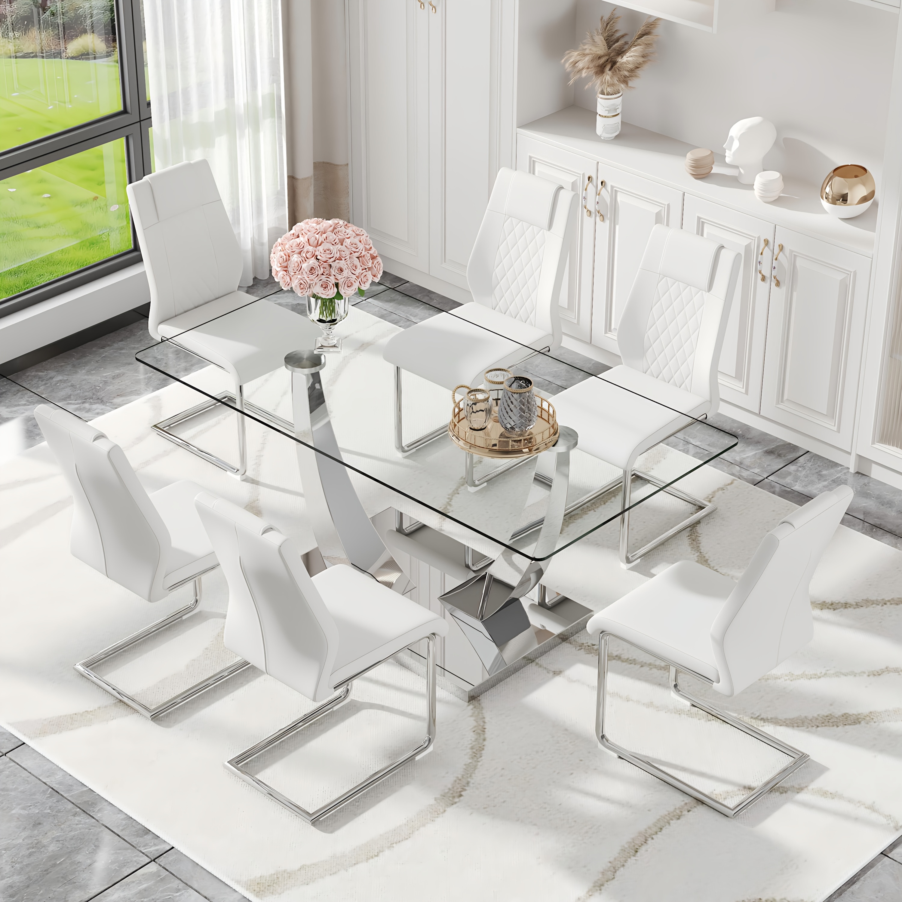 Dining table and chair set.Modern dining table with tempered glass tabletop and silver table legs.Comes with 6 soft and comfortable high-quality PU dining chairs, silver table legs.Suitable for kitchen, living room.Local warehousing