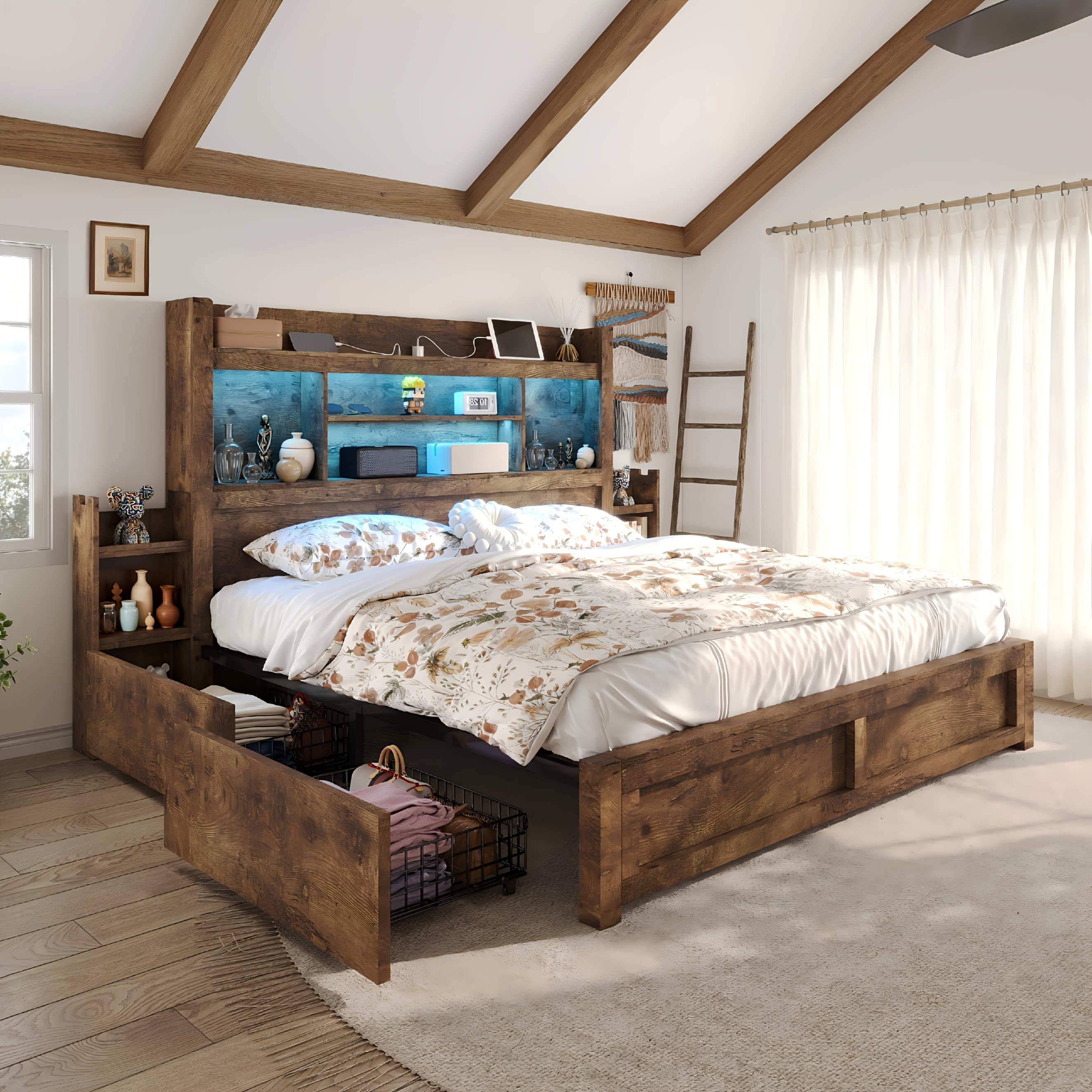 Farmhouse-style wooden bed frame with four storage drawers, LED headboard with a 49inch high bookshelf, wooden platform bed equipped with a charging station, and two sliding bedside shelves.