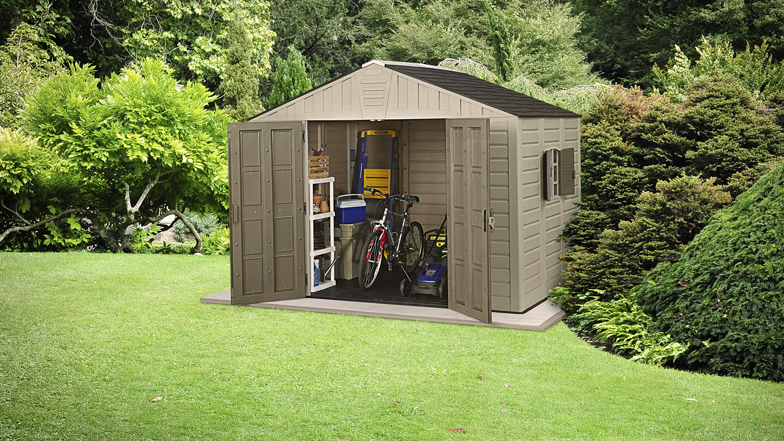 10x8 Large Resin Outdoor Shed for Patio Furniture, Lawn Mower, and Bike Storage, Taupe