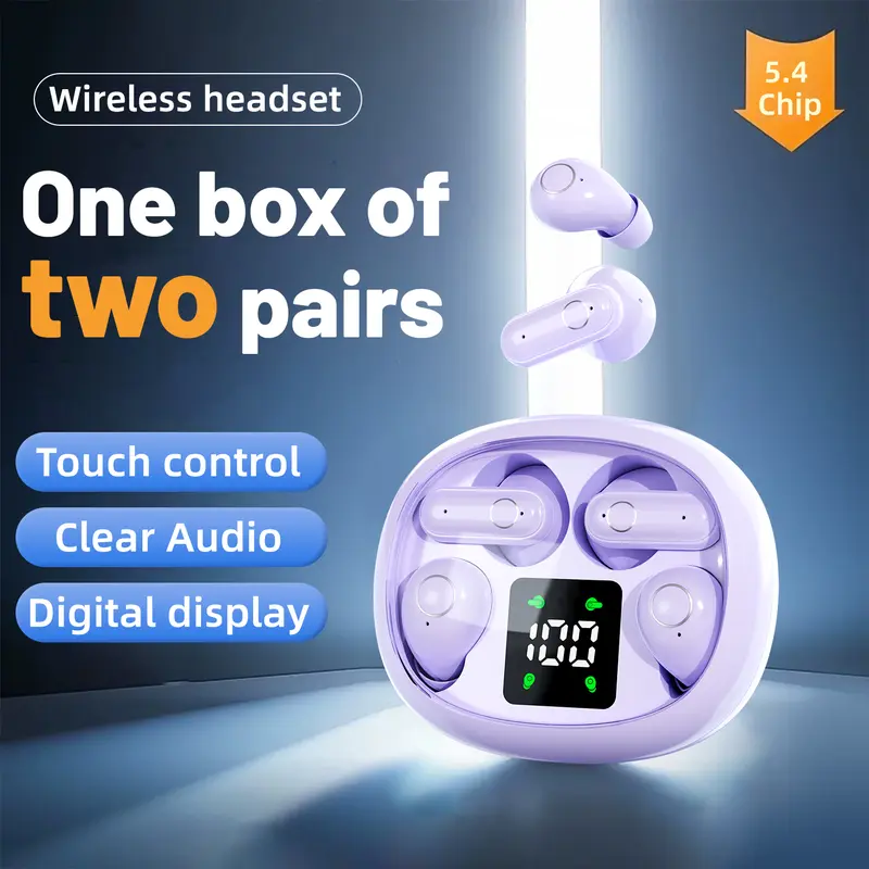 MSHUKCOE 2 Pairs True Wireless Earbuds, Gaming Bluetooth 5.4 In-ear Headphones with Digital LED Display, Button Control, Noise Reduction, Waterproof, Fast Charging for Running, Gift for Men