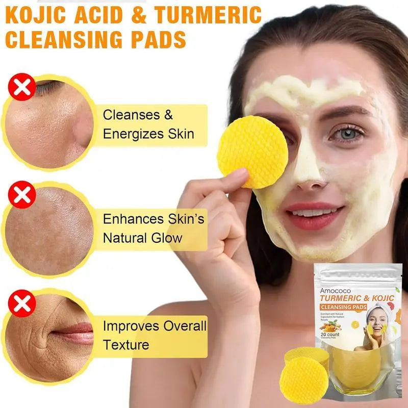 💥LAST DAY 49% OFF🌟 Turmeric & Kojic Acid Cleansing Pads – 20 Pcs, Gentle Deep Clean, Brighten & Soften Skin