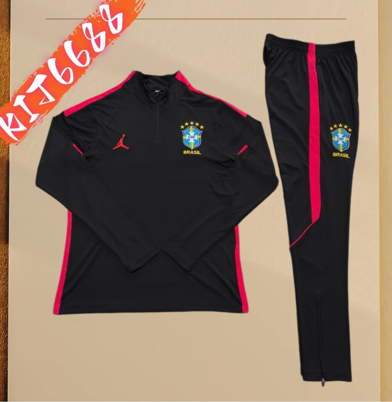 26/27 Brazil black Half Zip Training Kit (Adult Kids Kit)
