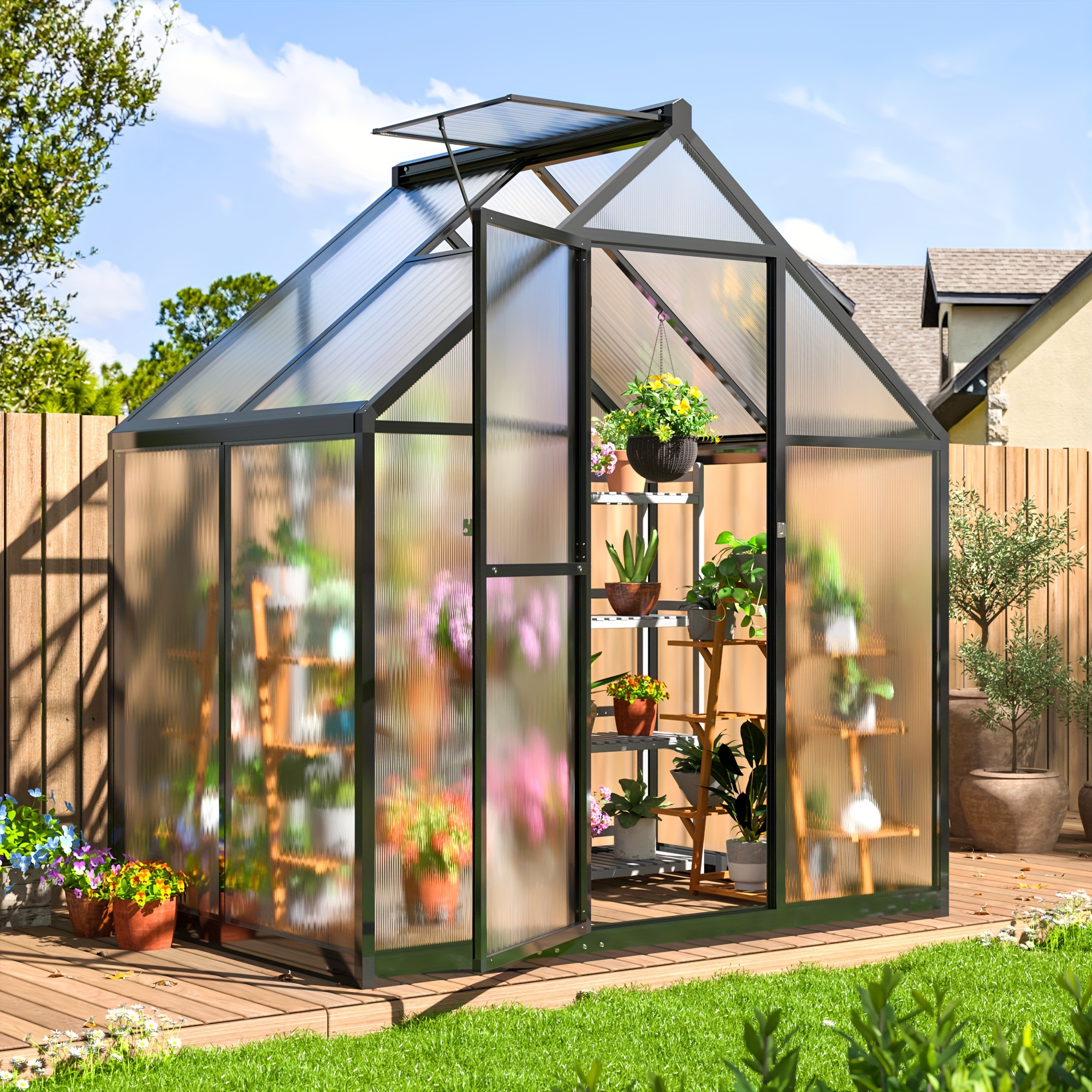 VIWAT outdoor greenhouse, polycarbonate greenhouse, with quick-install structure and roof vents, large accessible aluminum greenhouse, suitable for outdoor gardens and backyards
