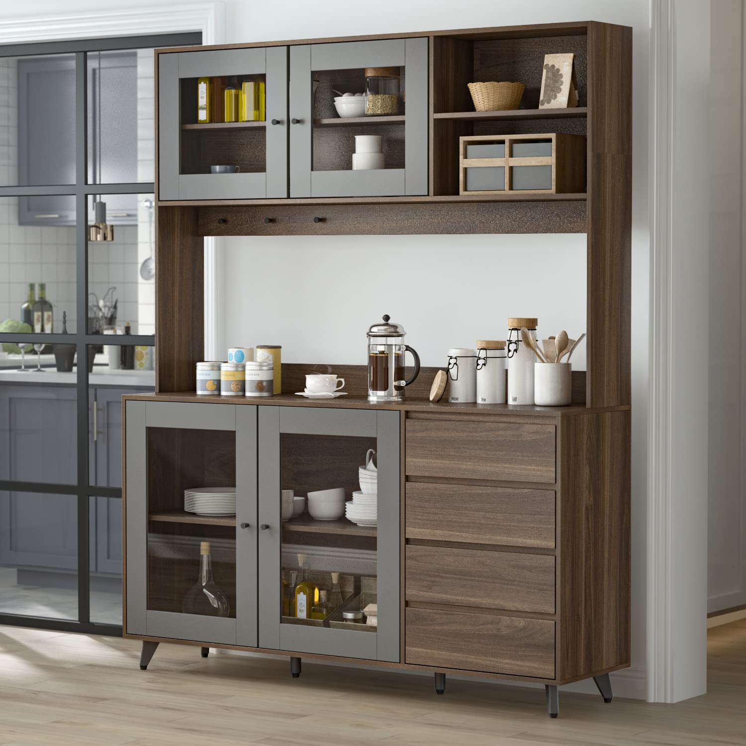Freestanding Kitchen Pantry Storage Cabinet with Glass Doors, Shelves & Drawers