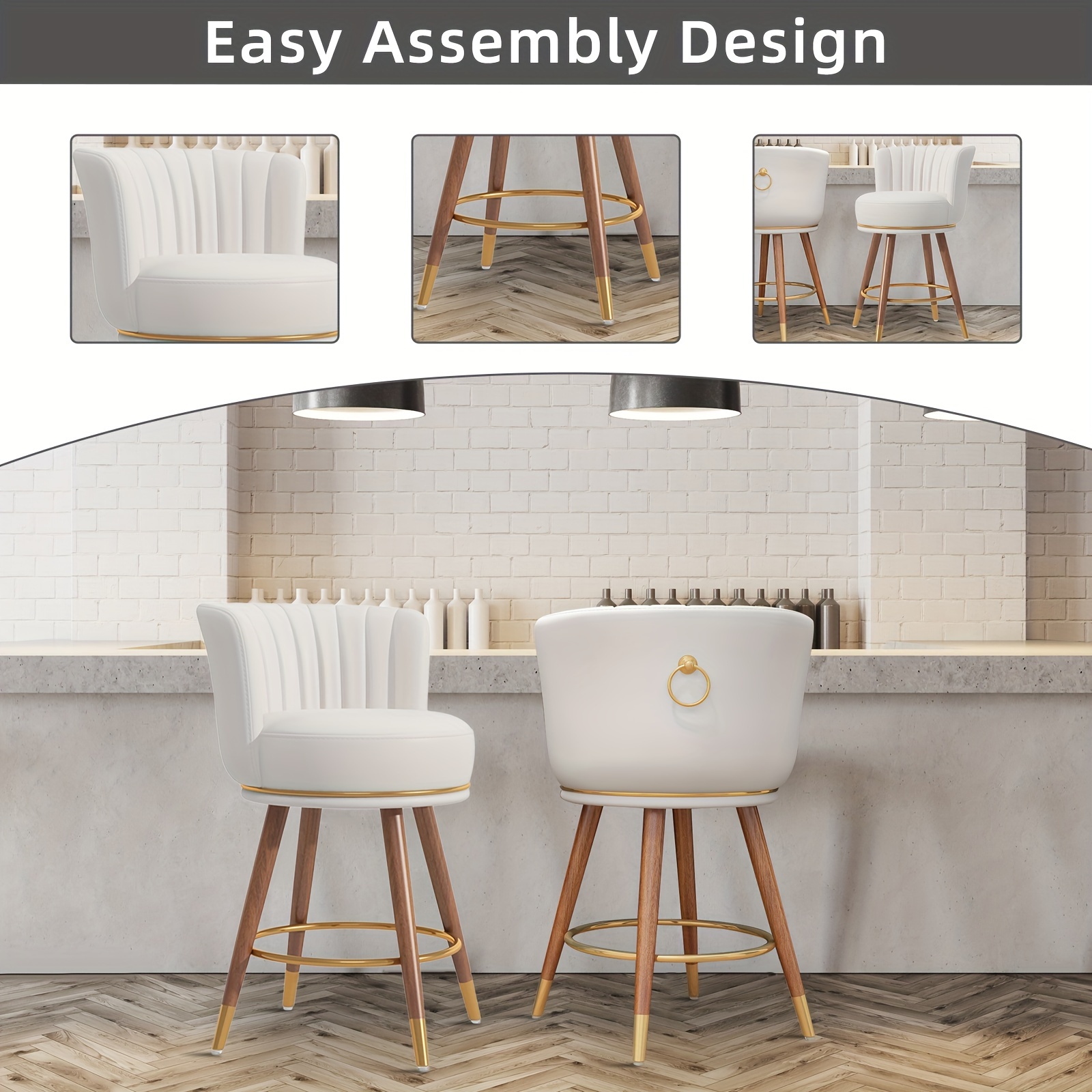 Junius 4-piece set of swivel bar stools, 26inch high stools with backrest, 360-degree rotating wooden leg bar chairs, white cushioned kitchen island stools, weight capacity 300 pounds