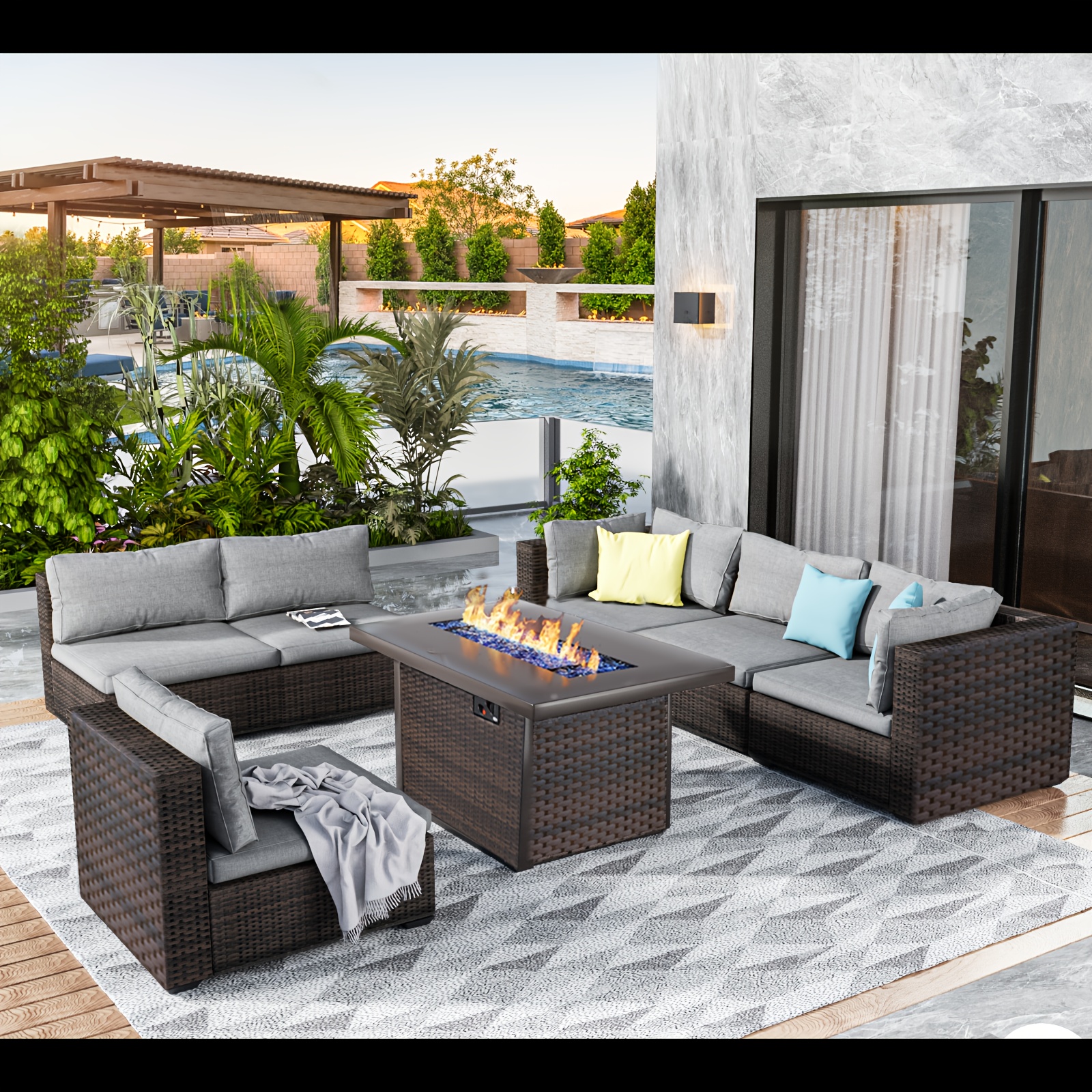 7-piece outdoor patio furniture set, including a fire pit table, PE rattan patio lounge sofa set with cushions