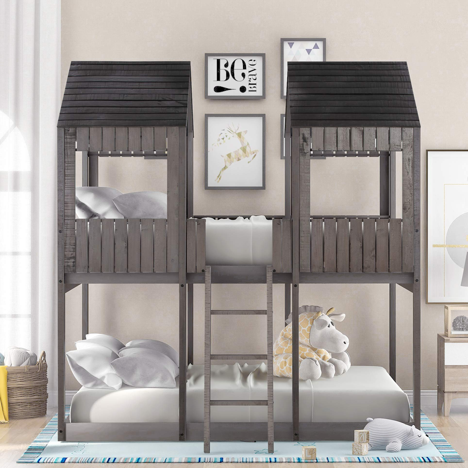 Low Bunk Beds Full Over Full Size, Wood Bunk Beds with Roof & Guard Rail for Kids