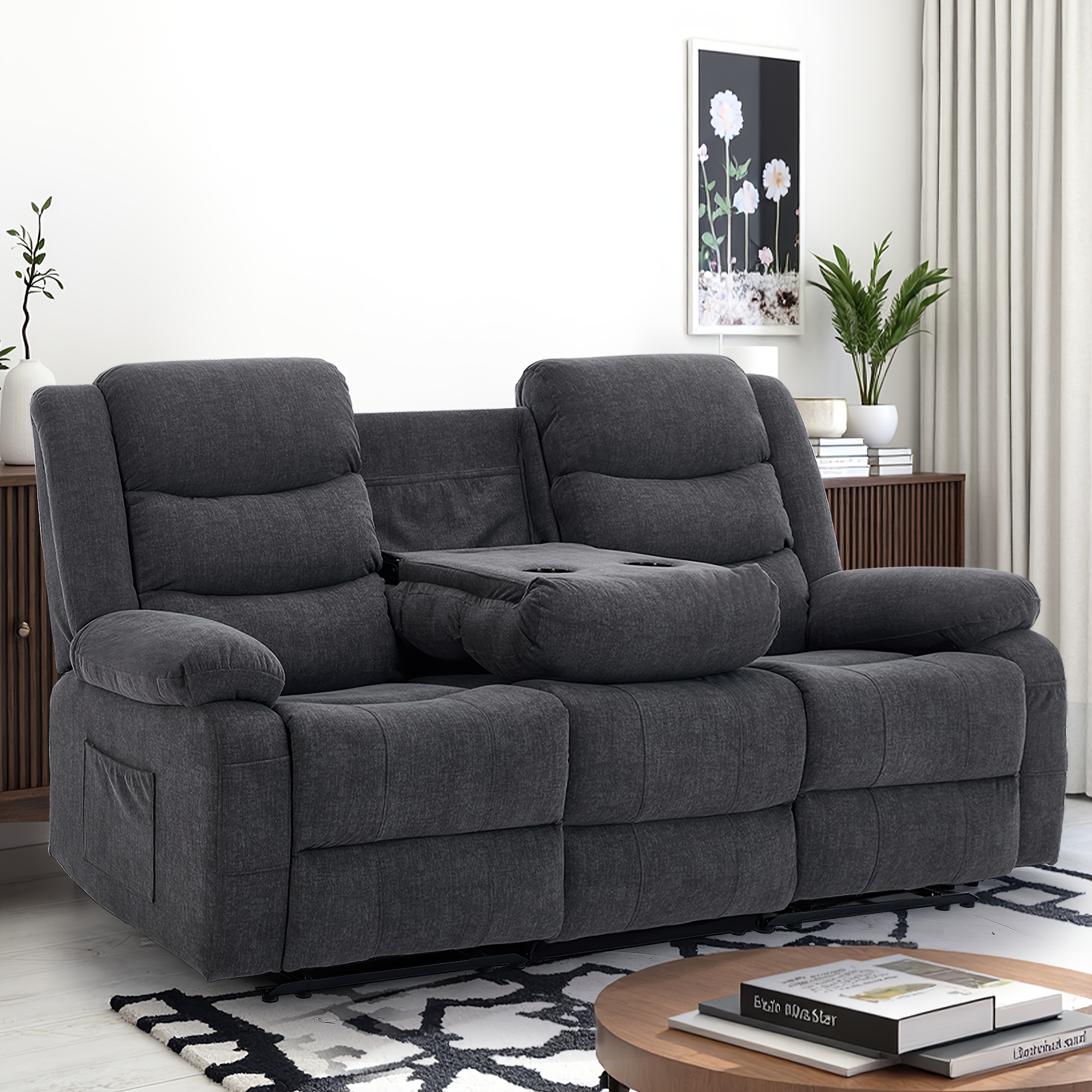 Extra-large three-seater recliner sofa, wall-mounted living room three-seater sofa, large three-seater recliner sofa with front pocket and side pockets, cashmere, manual recliner sofa