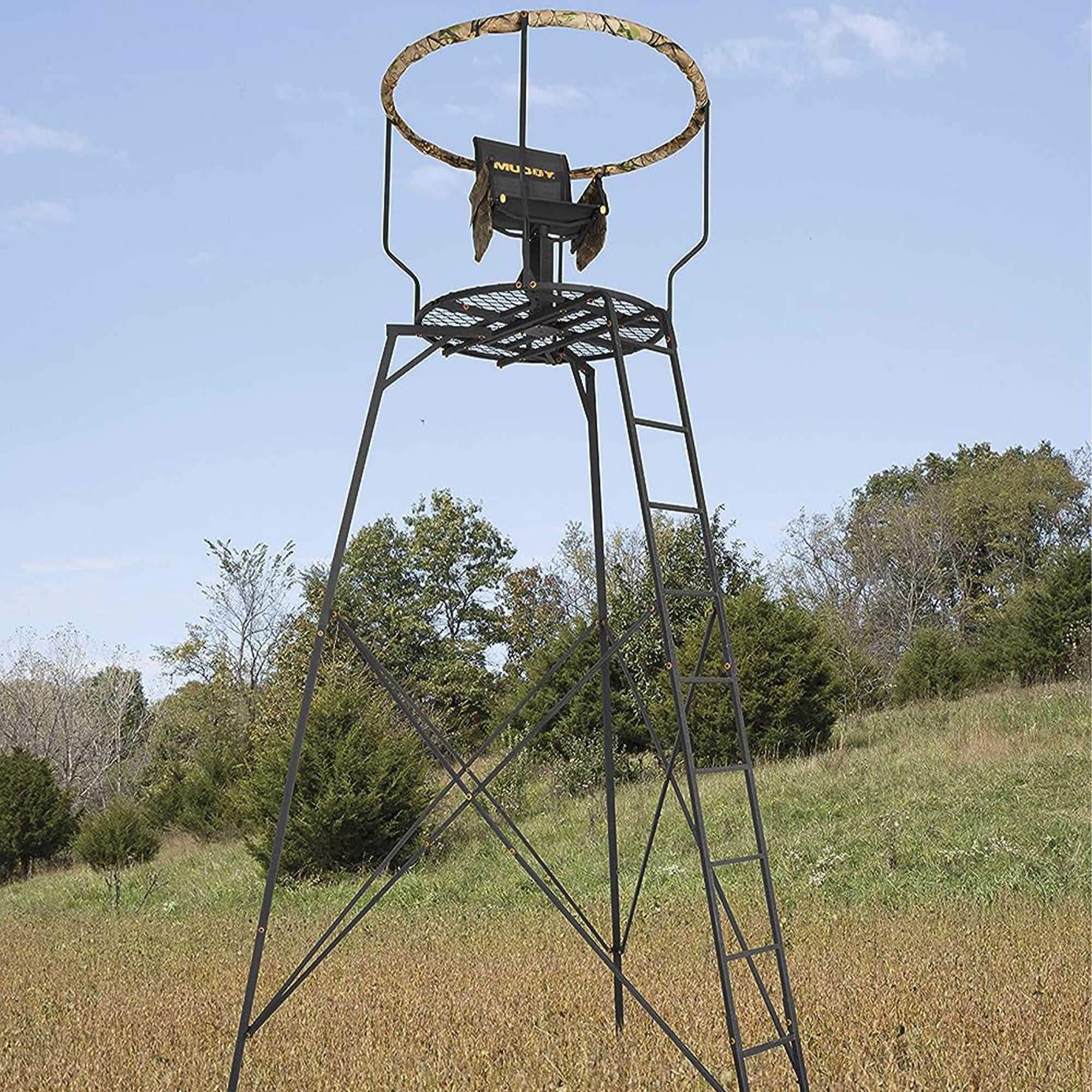 Muddy 16' Liberty Tripod with Hunting Chair, hunting equipment deer stand featuring a swivel Flex Tek seat and detachable gear bag, with a weight capacity of 300 pounds