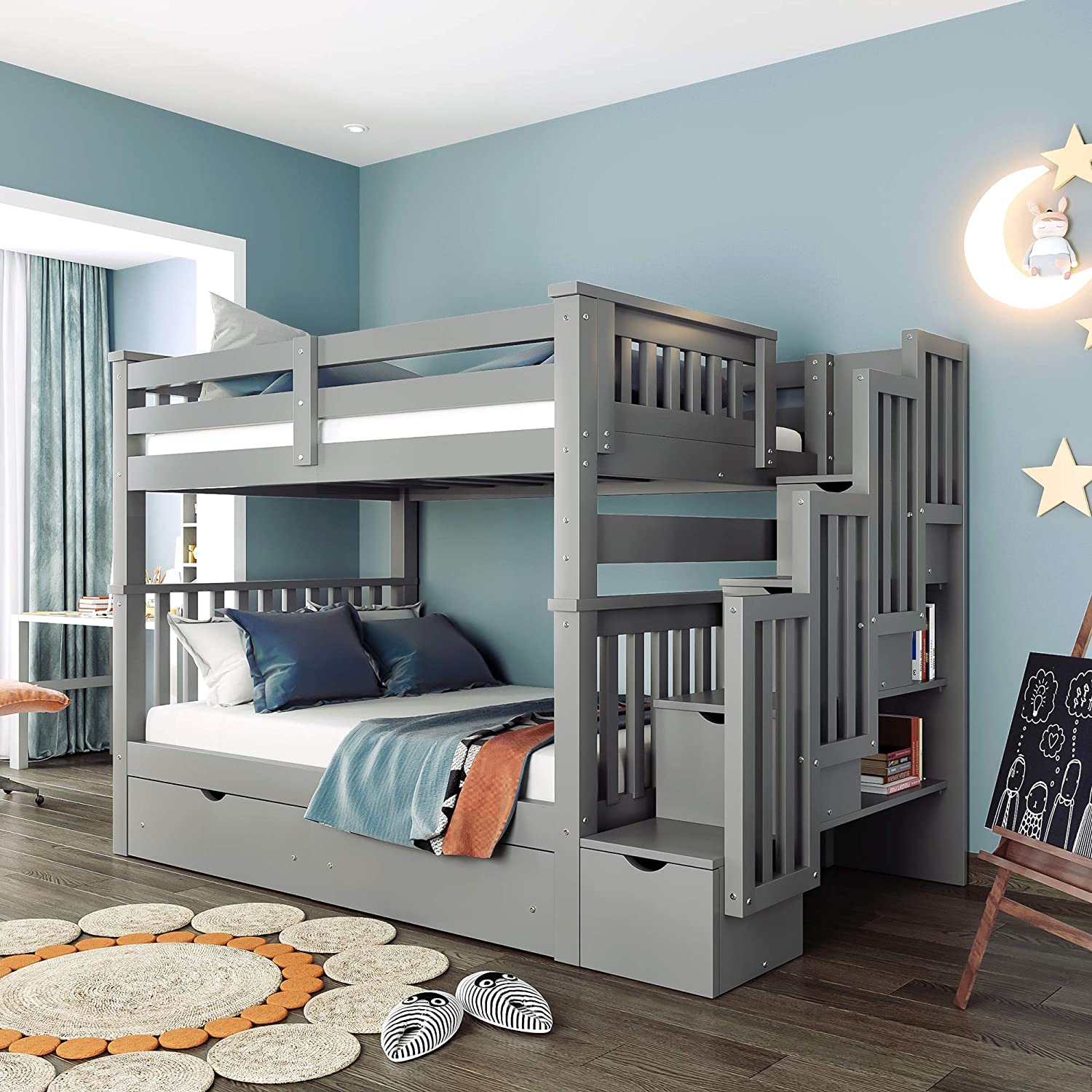 Full Over Full Bunk Bed with Shelves, Stairway Bunk Bed Full Size with 6 Storage Drawers