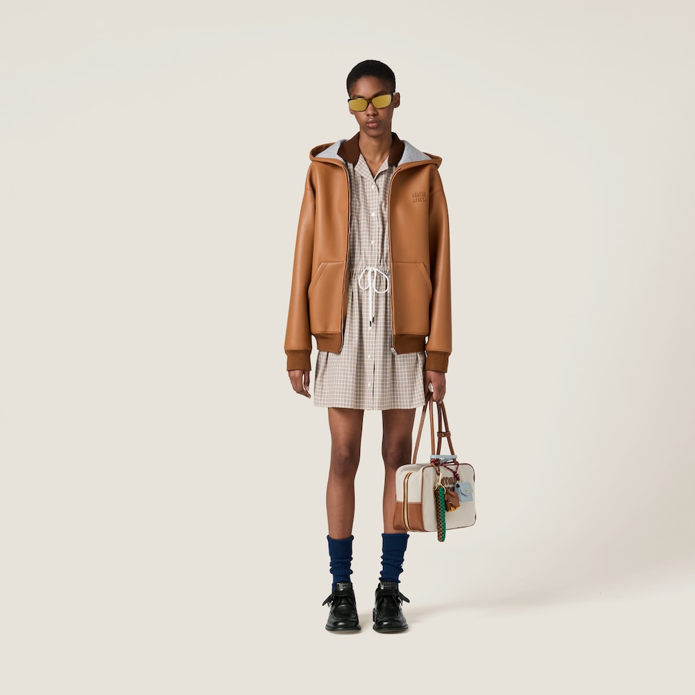 Nappa leather and bonded jersey hoodie jacket