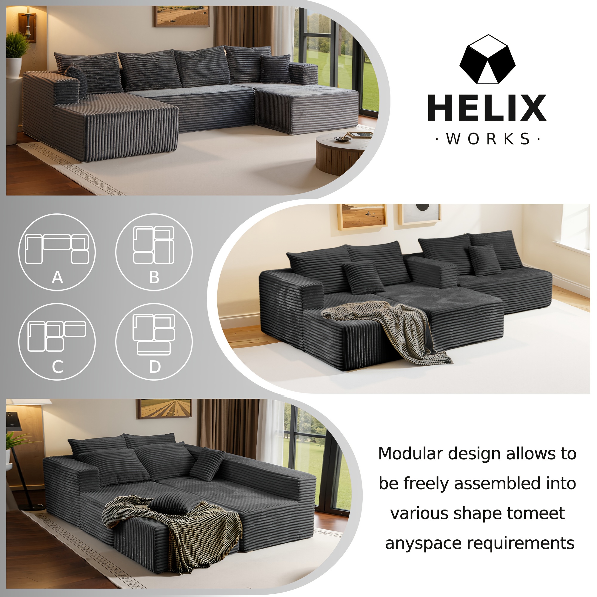 Frameless sofa, living room modular sofa - modern corduroy upholstered cloud sofa and chaise lounge, deep seat comfort and ergonomic design