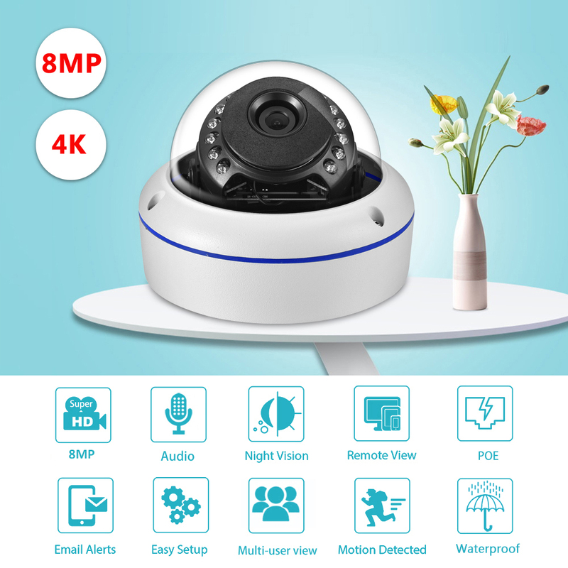 Gadinan 4K POE Dome Security IP Camera Infrared Night Vision With Audio 48V POE/DC 12V 8MP Super HD Video Surveillance for NVR