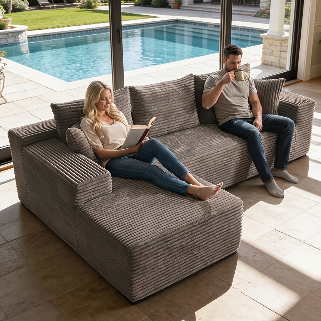 No assembly required for the modern L-shaped chaise lounge sofa, featuring soft corduroy fabric – the off-white cloud sofa, deep-seated chaise lounge, modular L-shaped combination sofa, suitable for living rooms, apartments, and home spaces