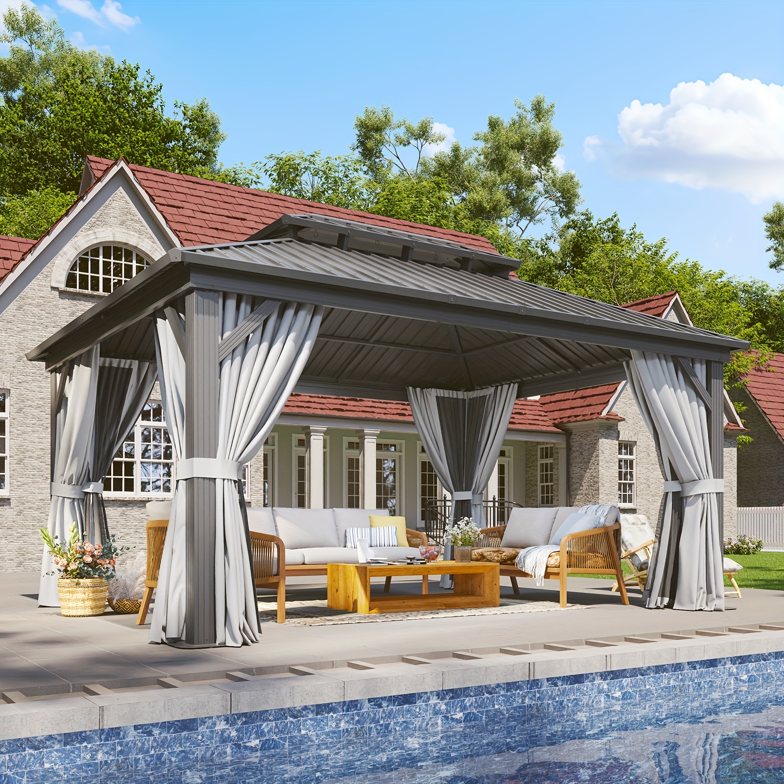 Sonegra 12' X 20'/12' X 16'/12' X 10' Hardtop Gazebo, Double Galvanized Steel Roof - Aluminum Frame Outdoor Gazebo with Mosquito Net and Curtains, Suitable for Patio, Yard, and Deck (Free Shipping)