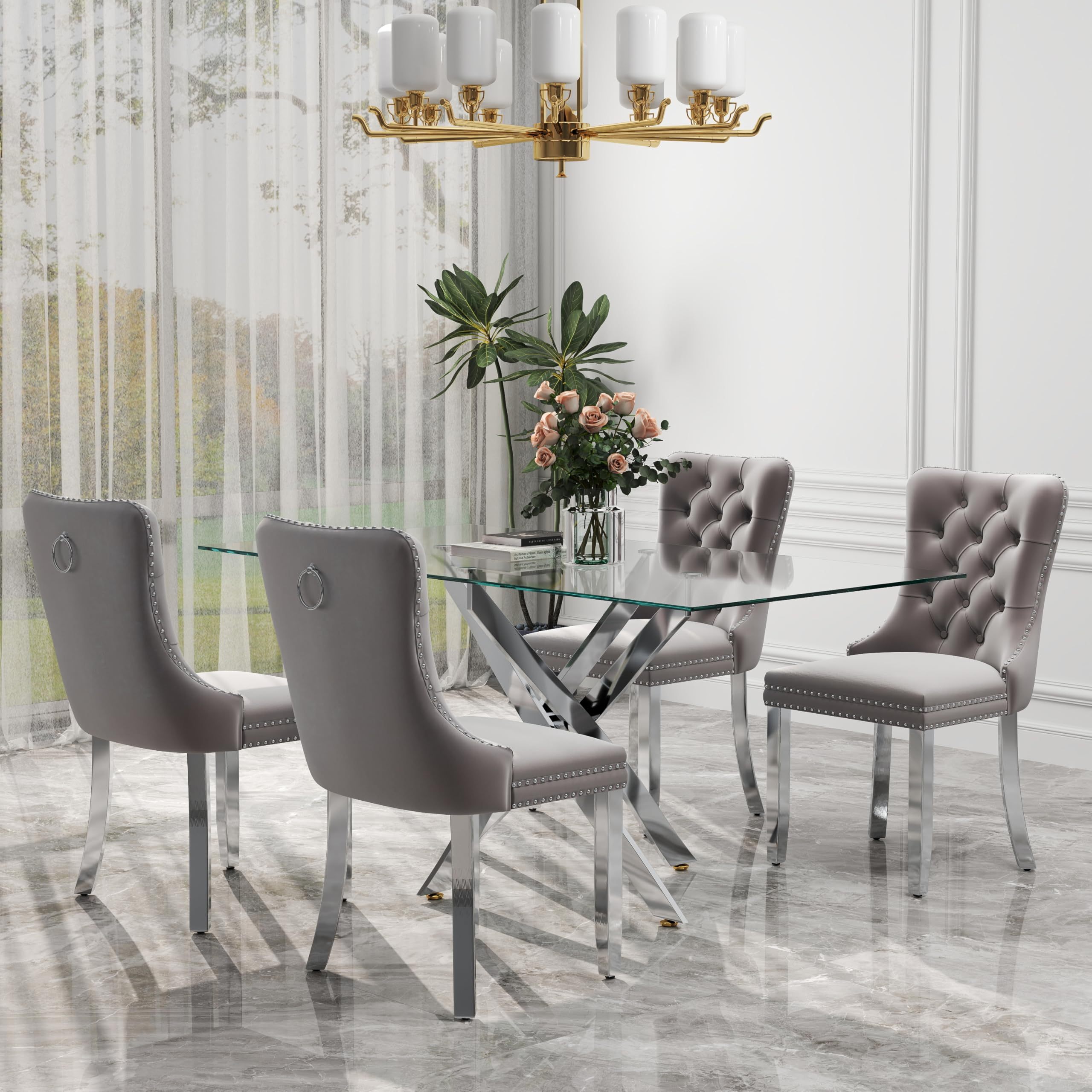 5-piece modern glass dining table set for 4 people, 51inch rectangular dining table, 4 velvet chairs and glass tabletop for dining room furniture