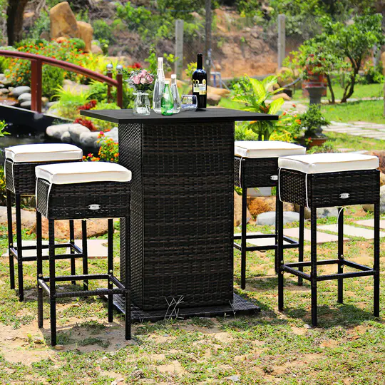 Patiojoy 5PCS Patio Rattan Bar Table Stool Set Hidden Storage Shelf Soft HW68244+