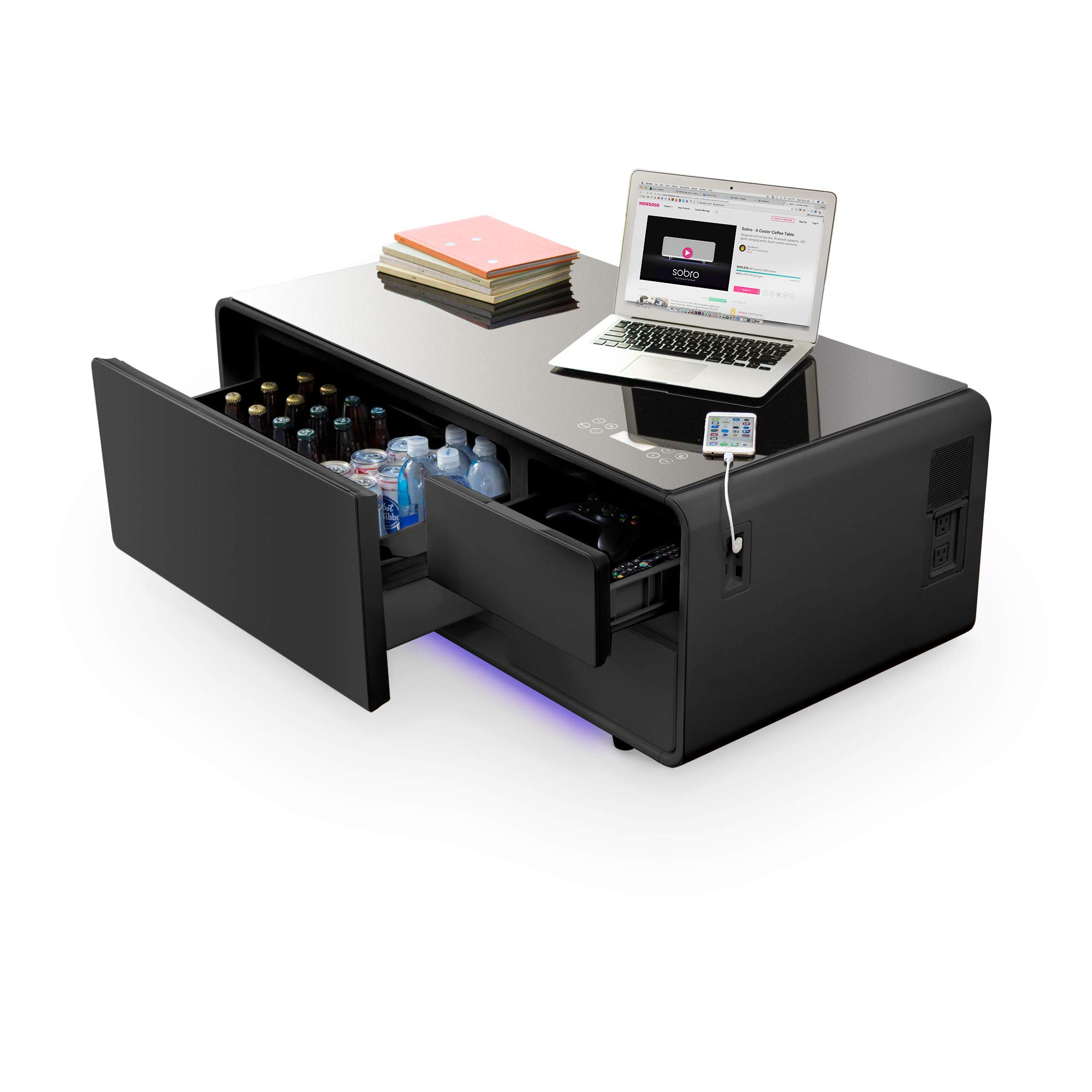 Coffee Table with Built in Fridge, Speakers, Outlets, LED Light, and More - Black