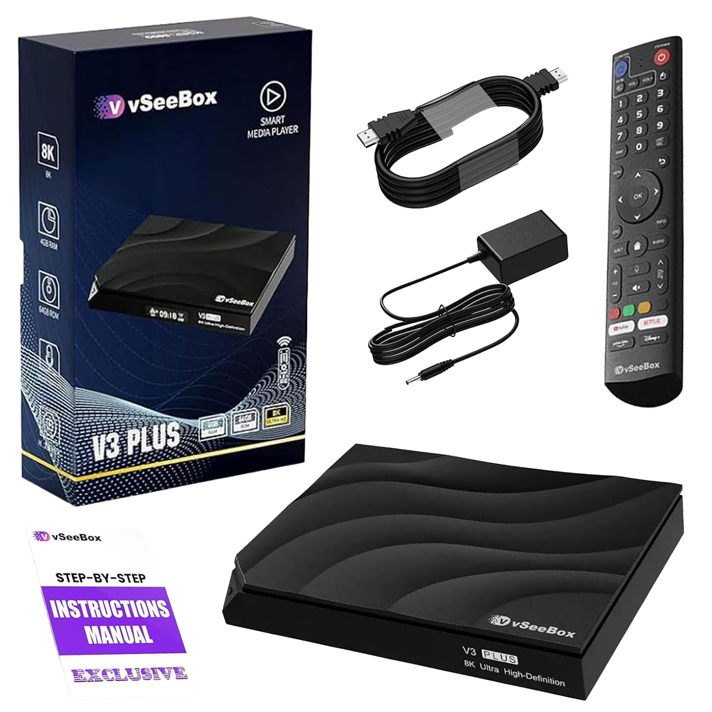Vseebox V3 Plus Version Voice Control, 8K HDMI&Ethernet Cable, Android 11, 4GB RAM, 64GB Storage