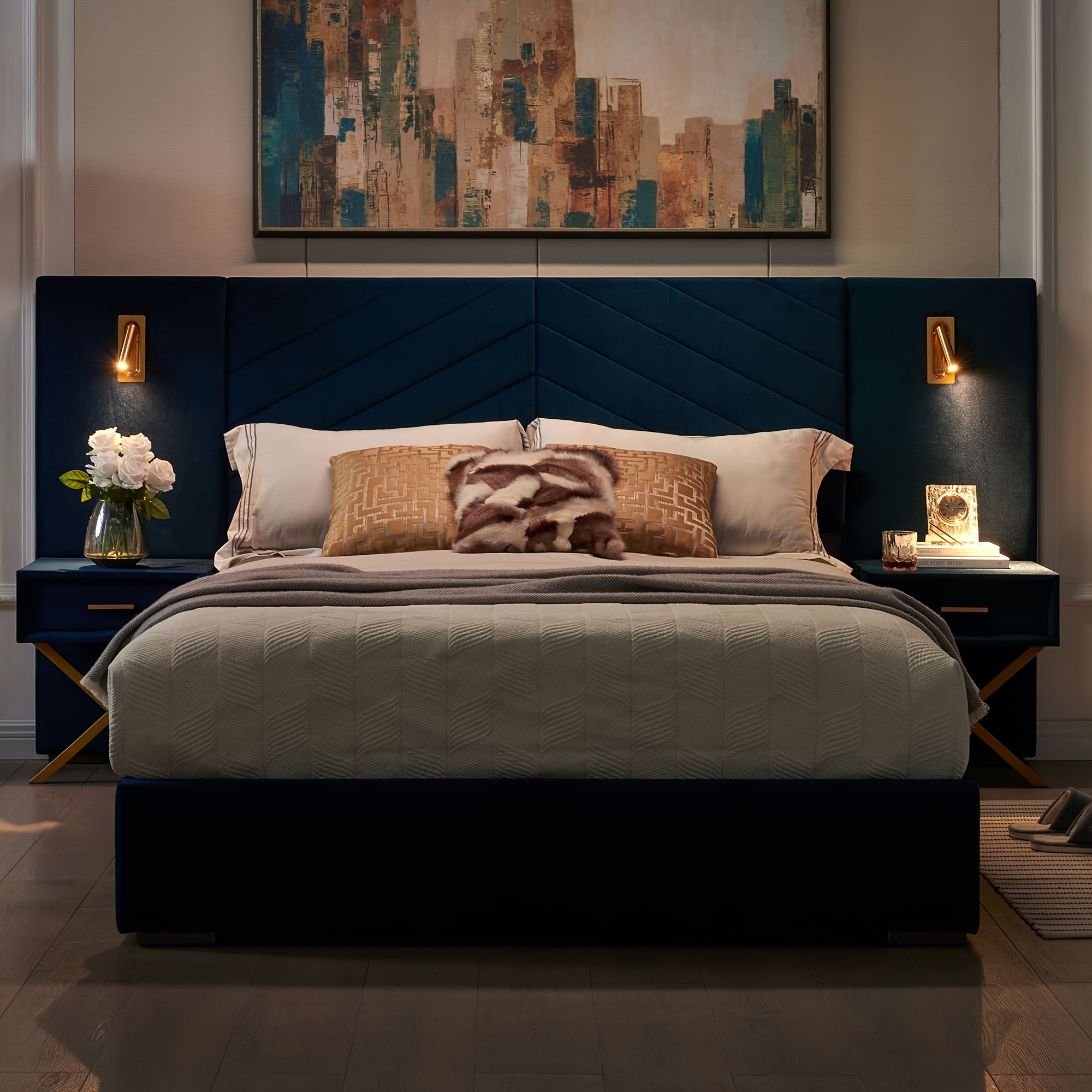 Luxurious double/queen-size bed frame with built-in LED lights and nightstand, double/queen-size platform bed with extra-large upholstered headboard, no mattress support required