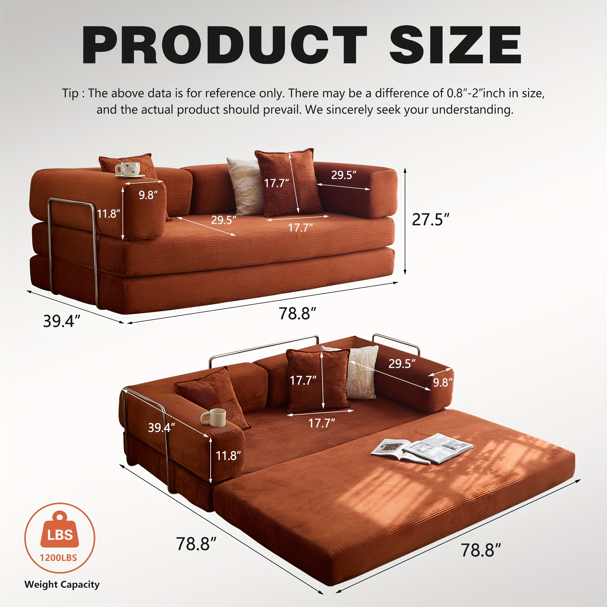 Folding modular sofa bed, convertible floor sofa, leisure sofa bed, corduroy folding mattress, leisure sofa, sofa for living room and bedroom, no-installation fixed shape frame