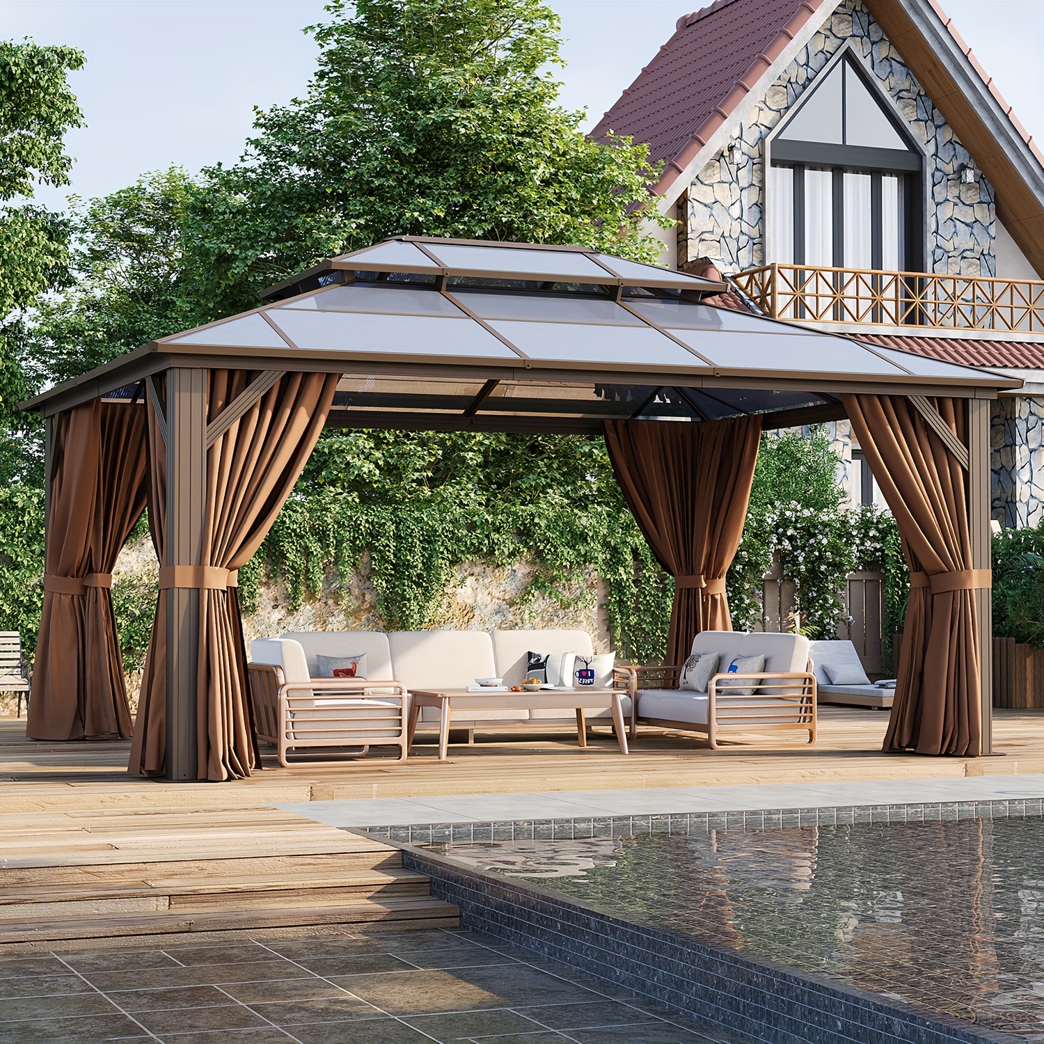 Outdoor polycarbonate gazebo, hard-top gazebo clearance sale, heavy-duty double-roof hard-top gazebo with aluminum frame, mesh, and patio curtains