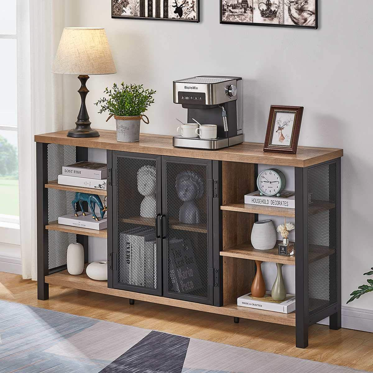Industrial Wine Bar Cabinet for Liquor & Glasses, Farmhouse Wood Coffee Bar Cabinet with Wine Rack