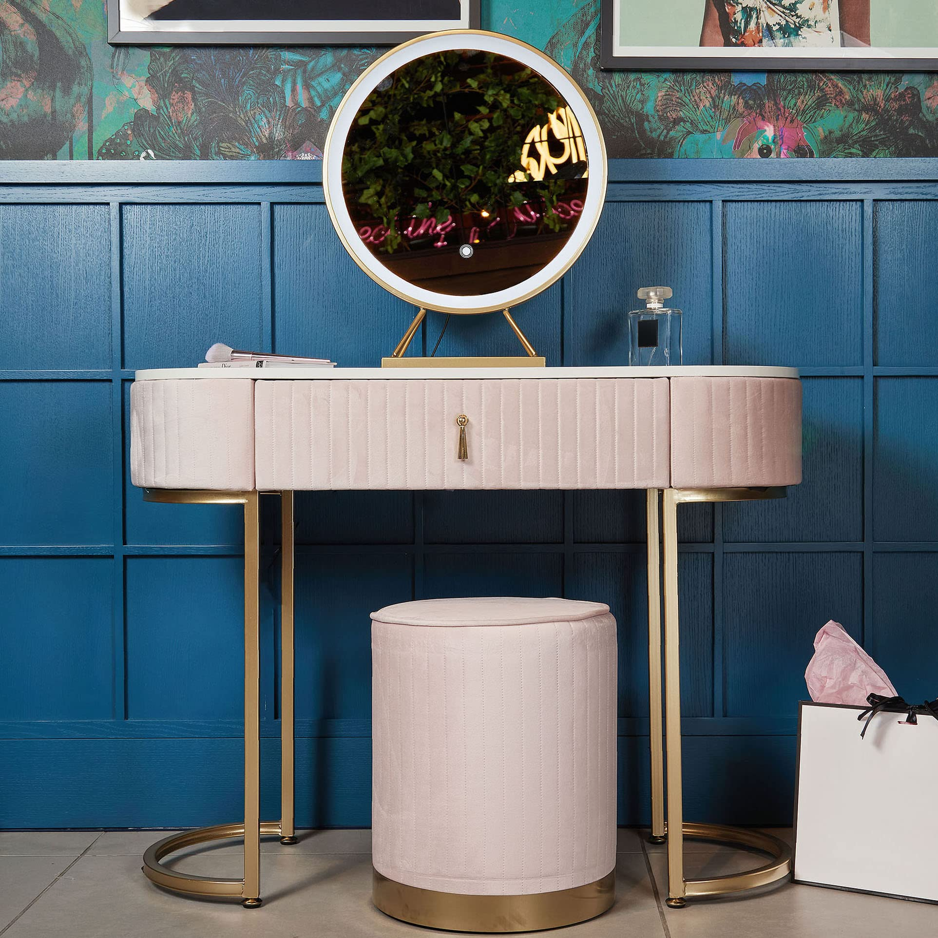 Velvet Dressing Table with LED Light Mirror Touch Sensor 1 Drawer Stool Set Bedroom Modern Dresser