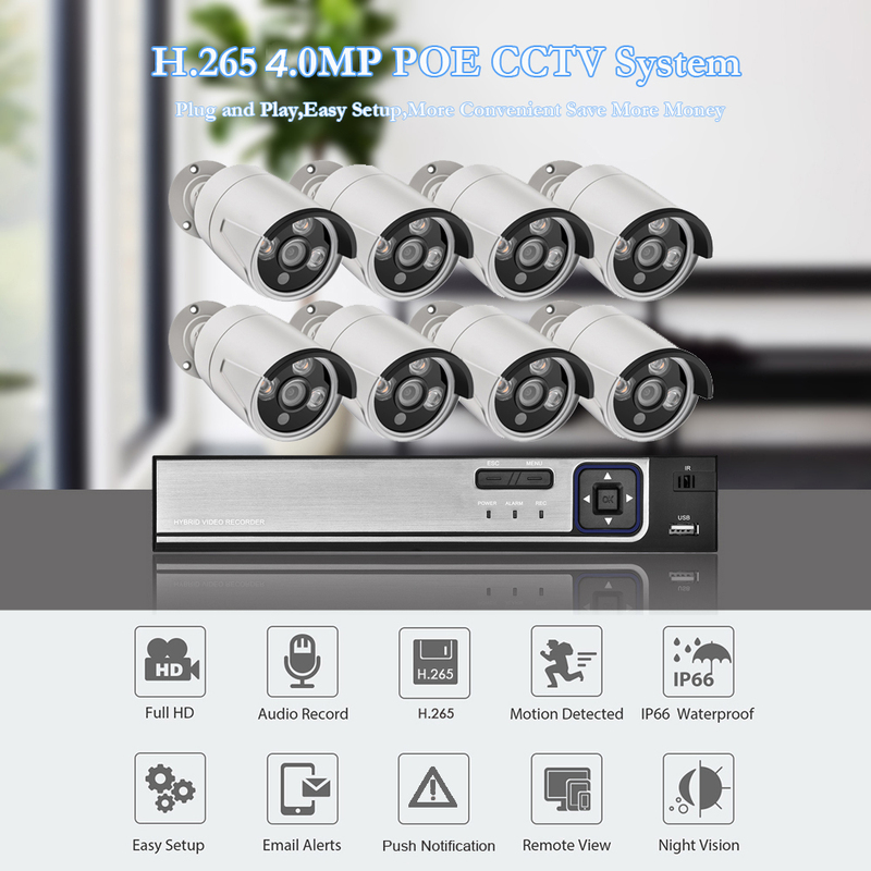 Gadinan Outdoor Audio Record CCTV System 8CH 4MP POE NVR Surveillance Set H.265+ Motion Detection P2P IP Camera 3.6mm XMEye