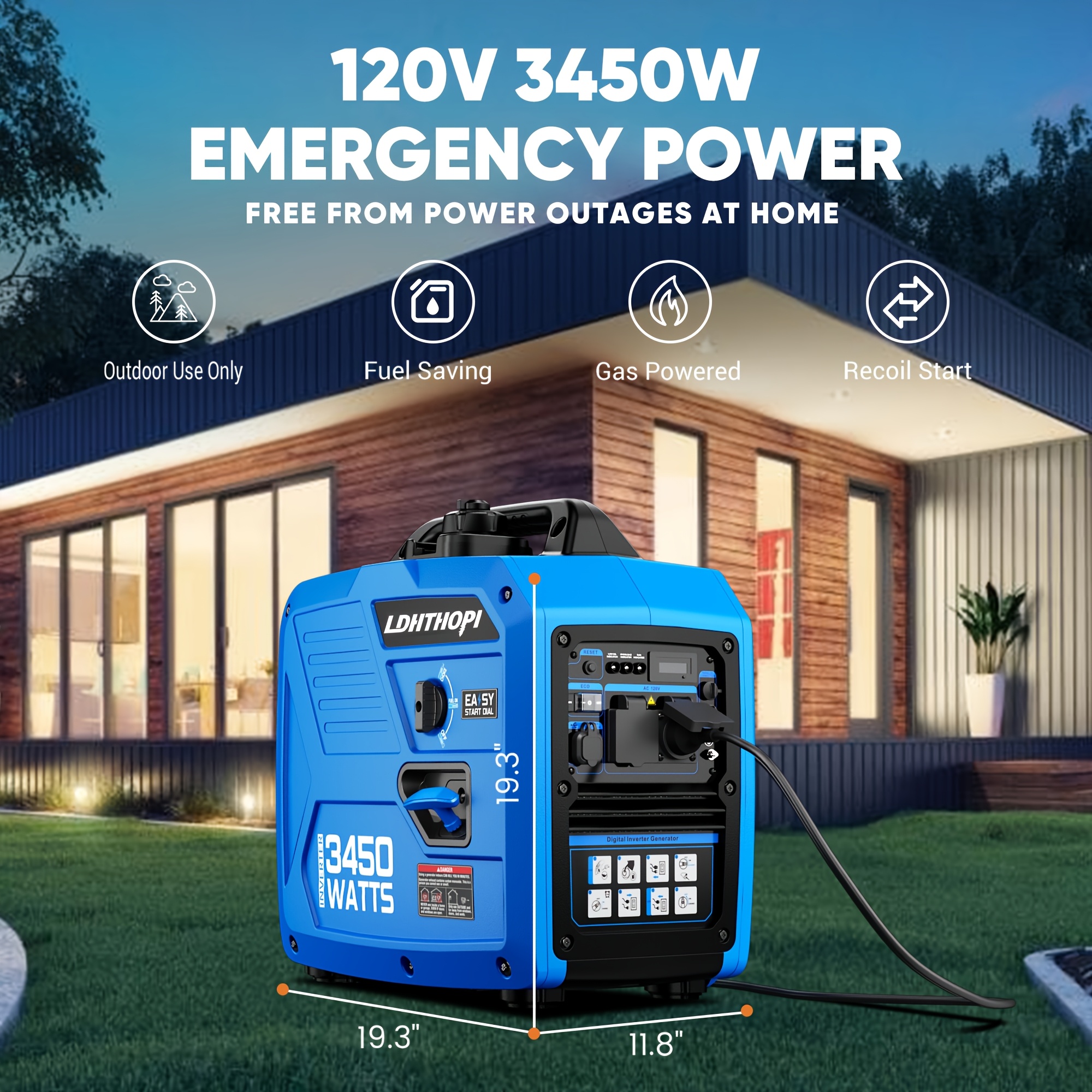 3450-watt portable inverter generator, suitable for home use, with a 1.6-gallon large fuel tank, capable of running for up to 8.3 hours, 120V gasoline generator ultra-quiet - meets EPA standards
