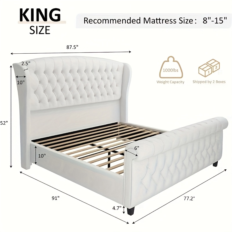 Chenille fabric bed frame, featuring a scroll-back headboard and footboard, with button-tufted embroidery design, does not require a box spring mattress