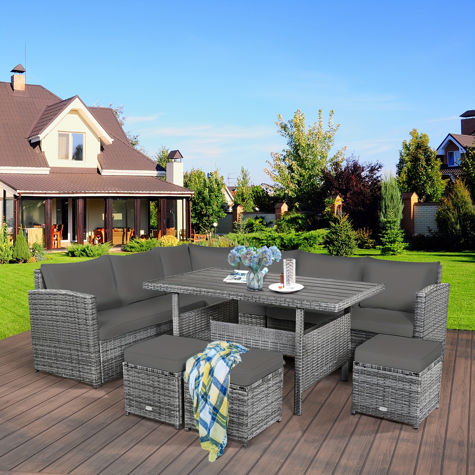 7-piece courtyard rattan dining table set, combination sofa, footstool, garden gray