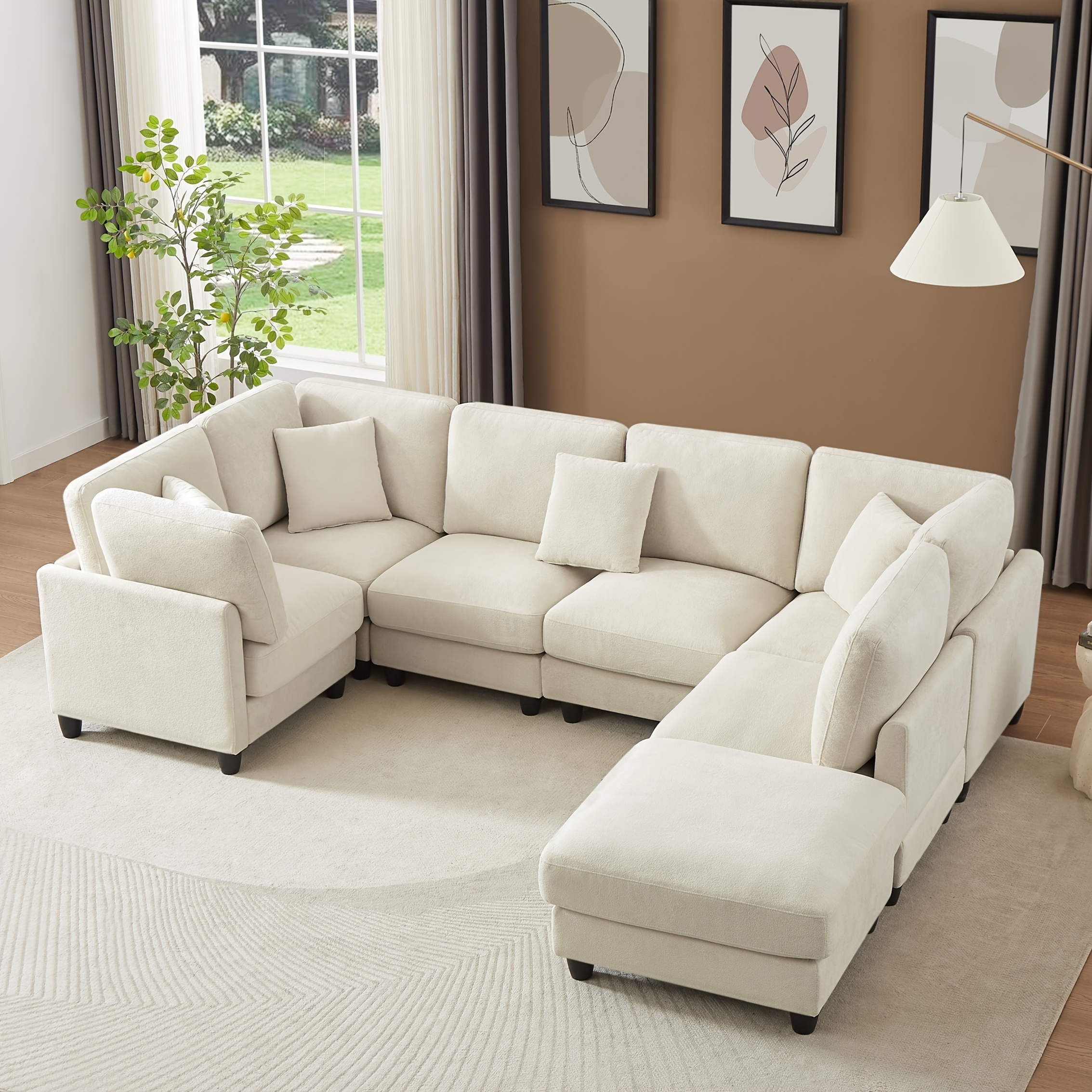 121inch Extra-large modular soft-pack sofa, chenille fabric, with removable footrest, cloud sofa, can be freely converted into L/U shape and sofa bed, suitable for living room, black/beige