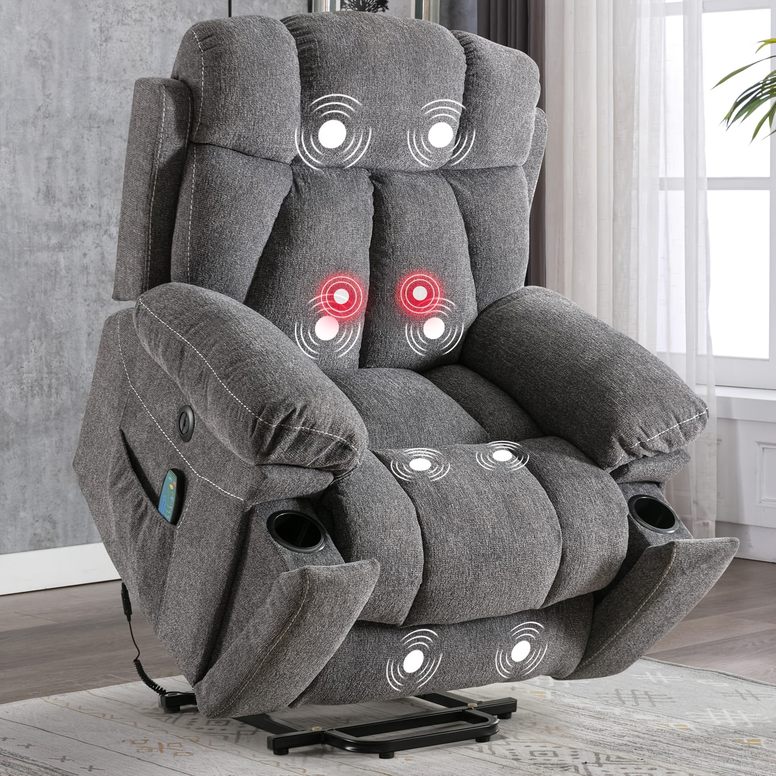 High-power electric lift massage and heating recliner for the elderly, thick and wide recliner, equipped with 2 cup holders, side pockets, and USB port