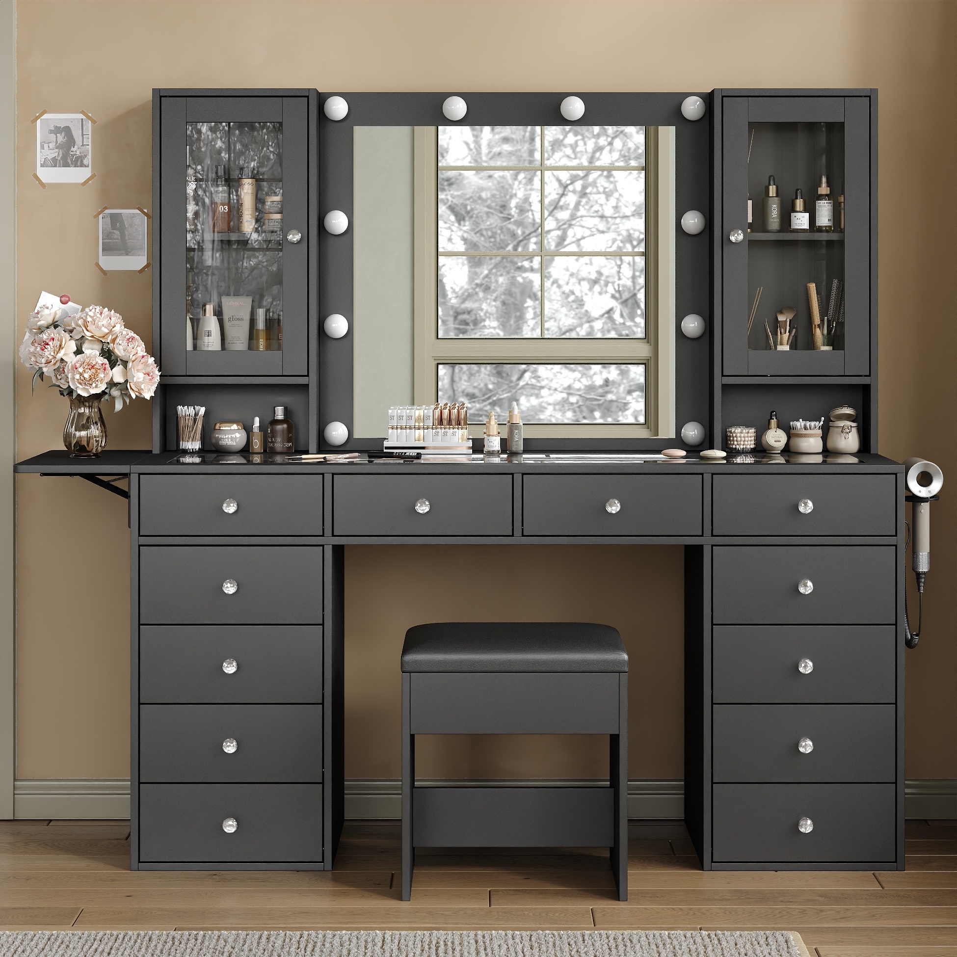 Dressing table with power plug, dressing table with mirror and 10 LED lights, makeup dressing table with 12 drawers and 2 cabinets, folding panel, glass-top dressing table with chair, suitable for bedroom