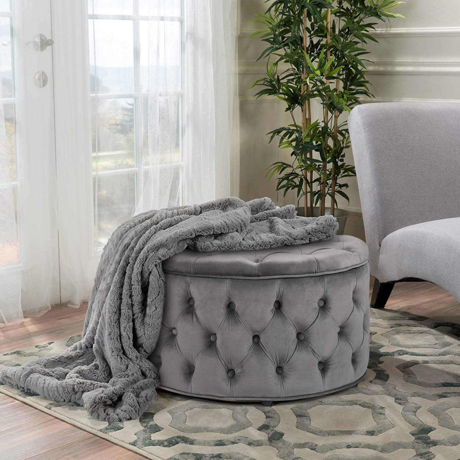Homebeez Round Velvet Storage Ottoman, Button Tufted Footrest Stool Coffee Table