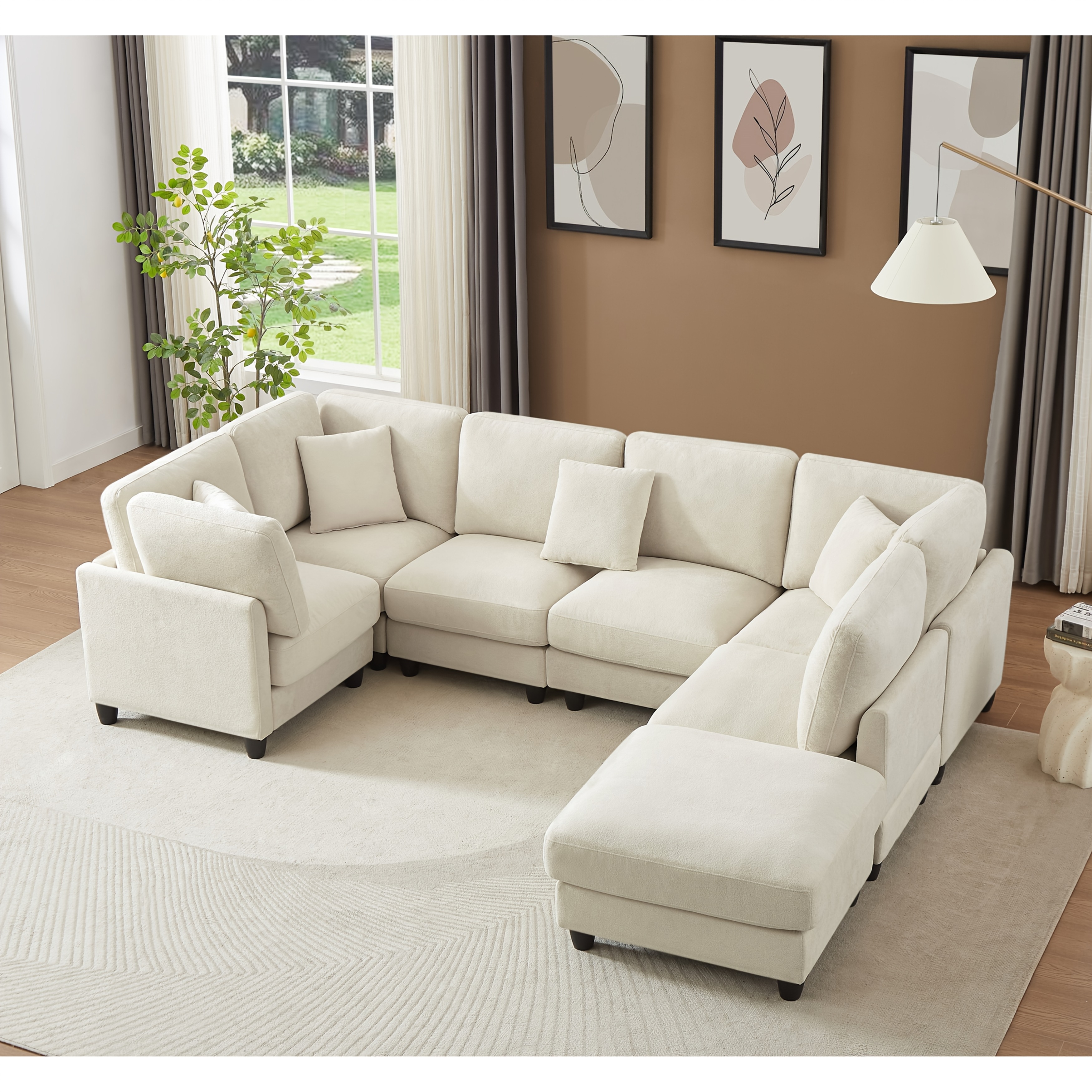 121inch Extra-large modular soft-pack sofa, chenille fabric, with removable footrest, cloud sofa, can be freely converted into L/U shape and sofa bed, suitable for living room, black/beige