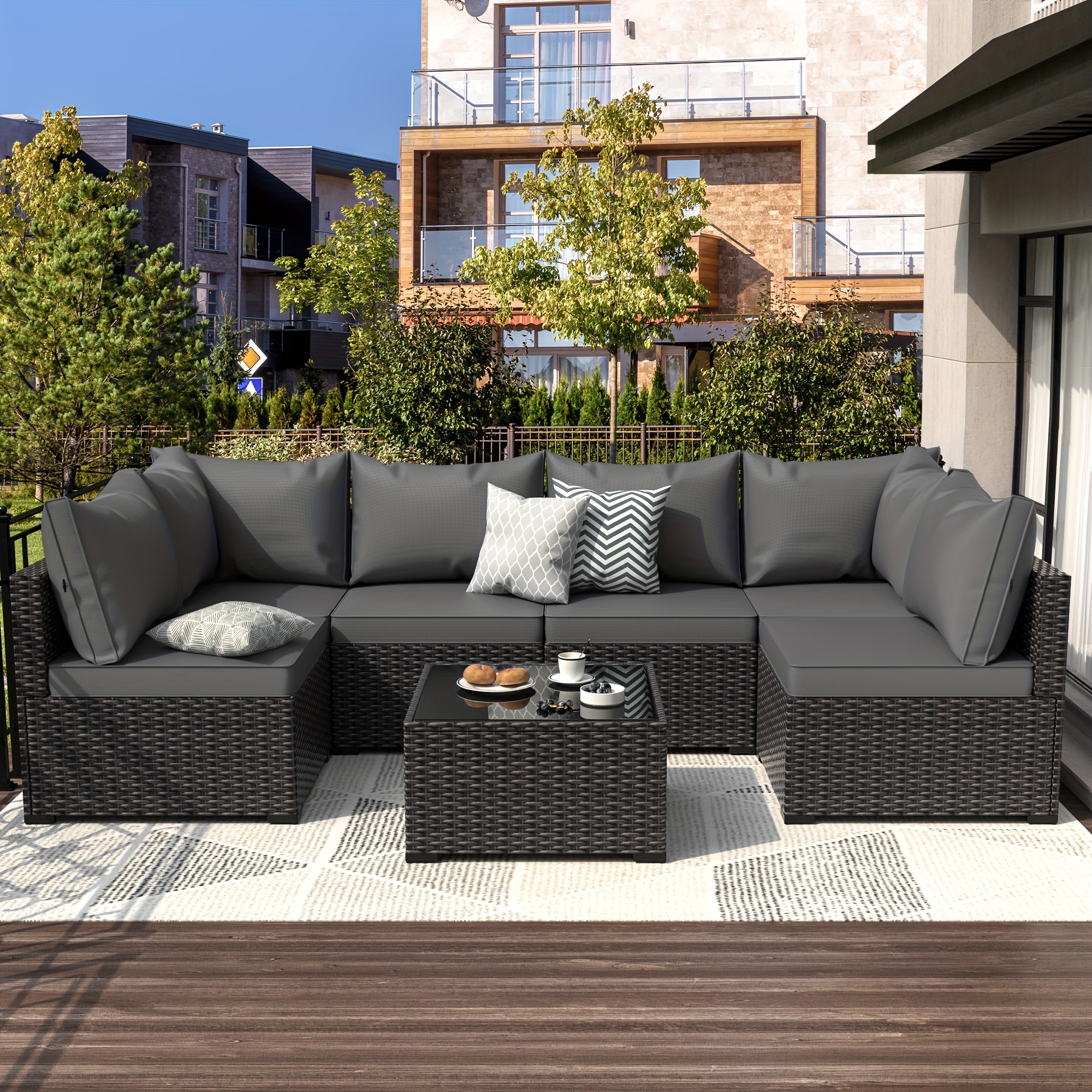 Outdoor furniture set, 7-piece PE rattan sofa with glass table, washable cushions suitable for all weather conditions