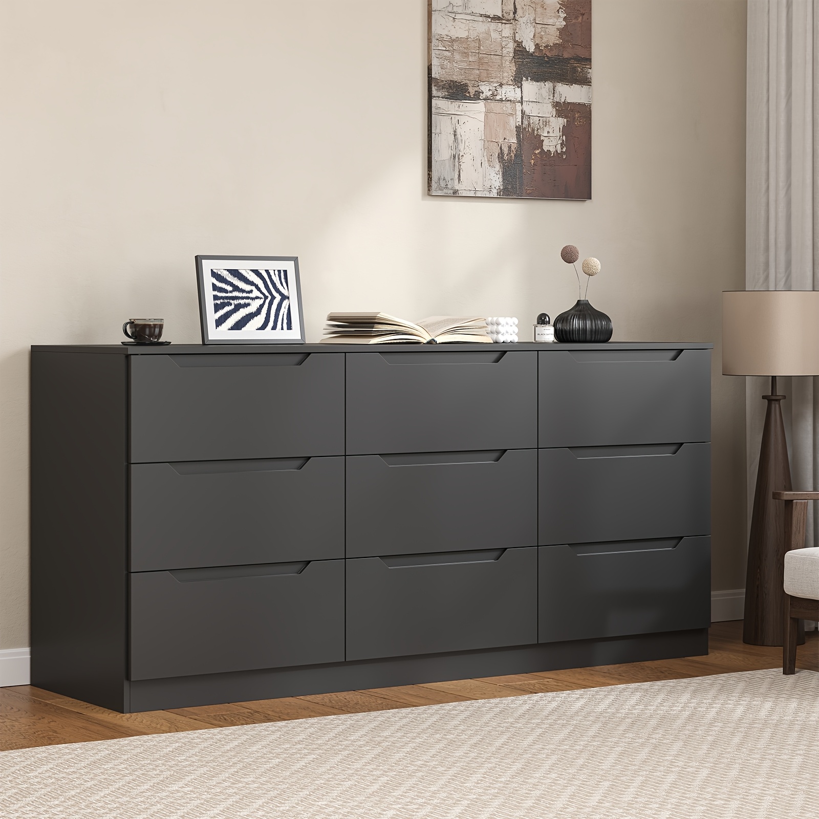9-drawer dresser, 9-drawer vanity table, 62inch wide drawer organizer, modern TV stand storage cabinet with large wooden drawers, suitable for bedroom, living room, entryway, office