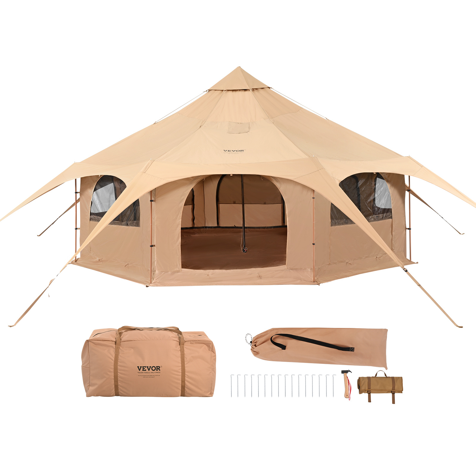 VEVOR tent, 4-season 5m /16.4 feet bell tent, canvas camping tent with stove outlet, breathable yurt tent, suitable for 8 people, for family camping, outdoor hunting, and parties