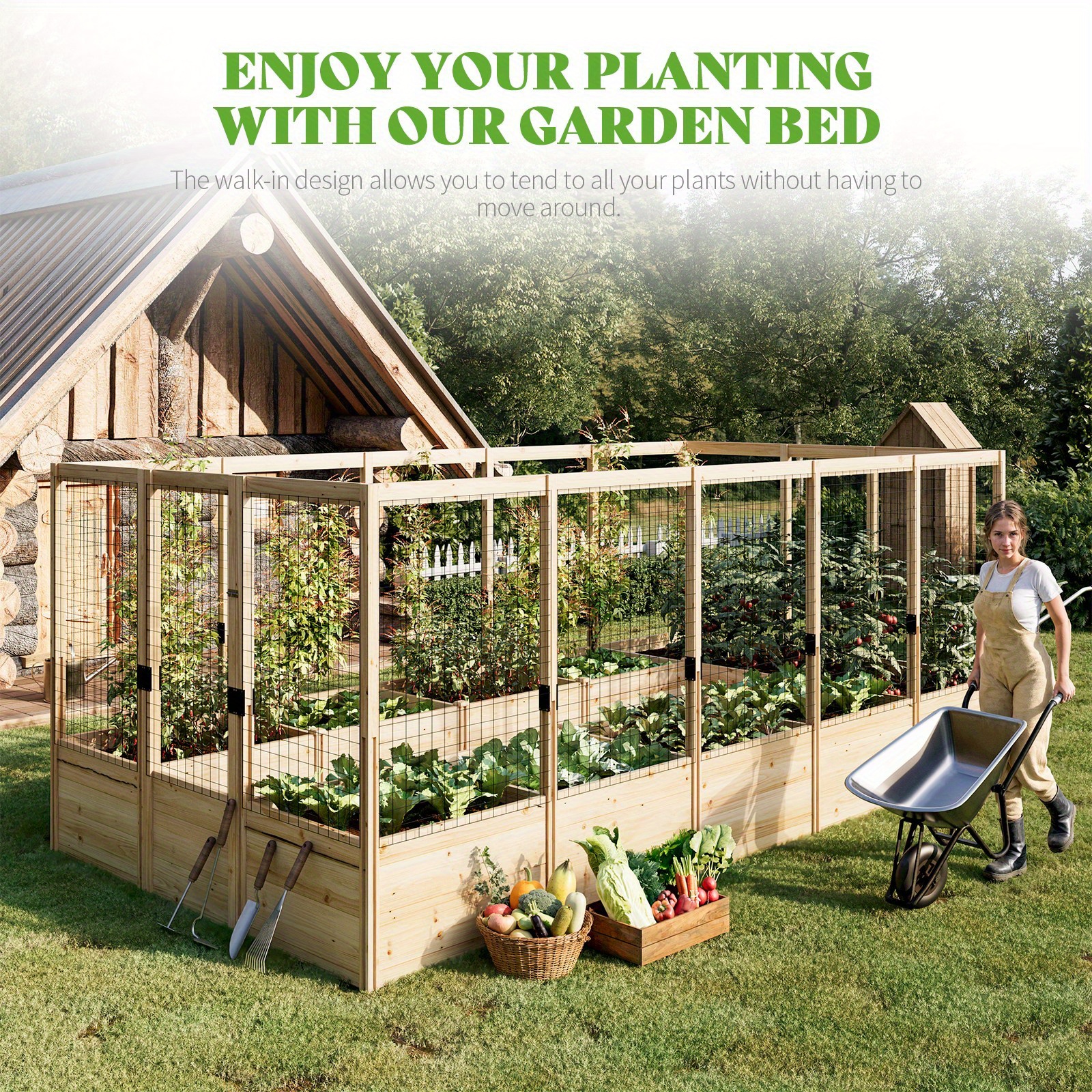 Jocisland Outdoor Wooden Elevated Garden Planter, Spacious Planter Box with Mesh, Used for Growing Vegetables, Flowers, and Herbs