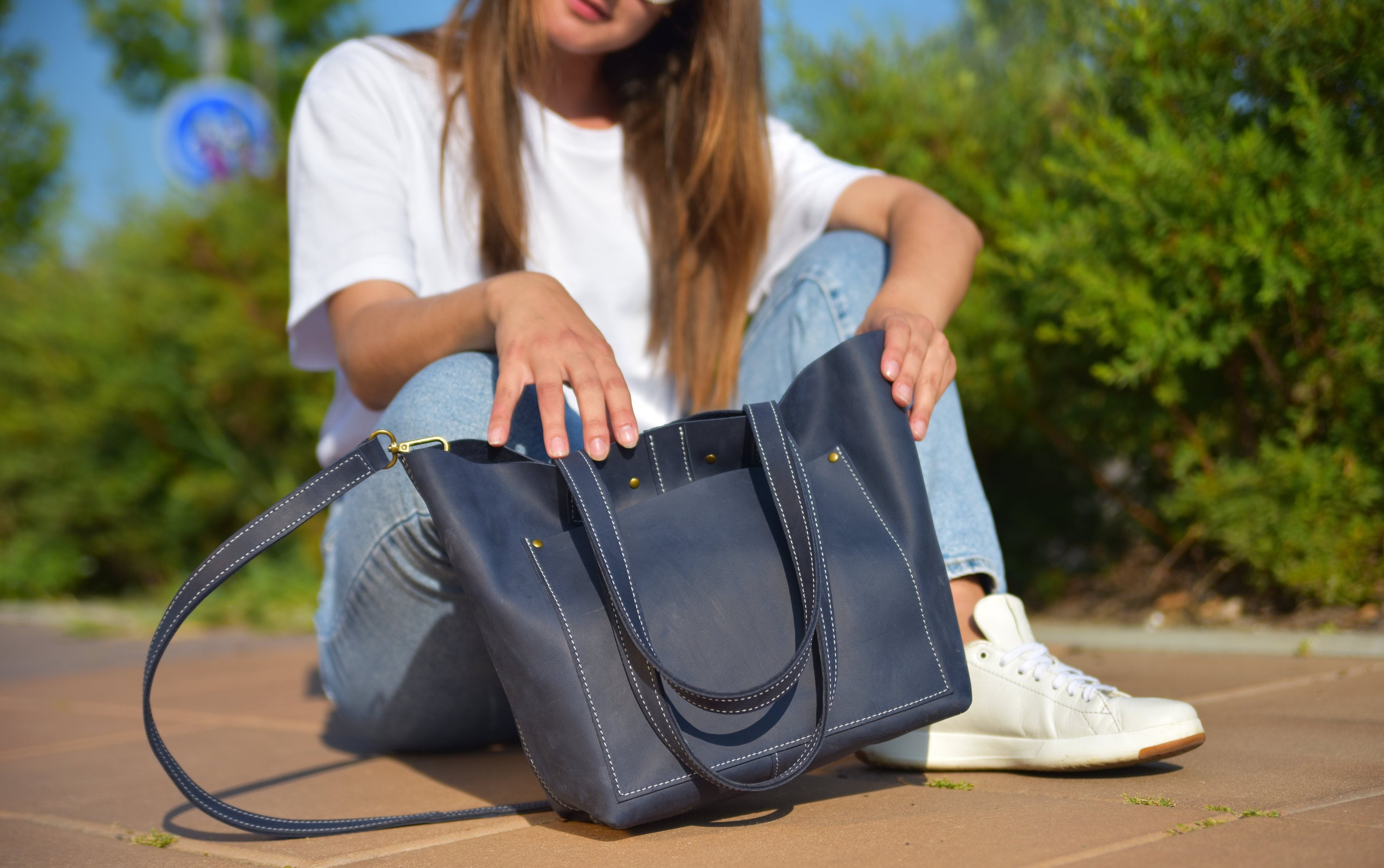 Navy Full-Grain Leather Tote