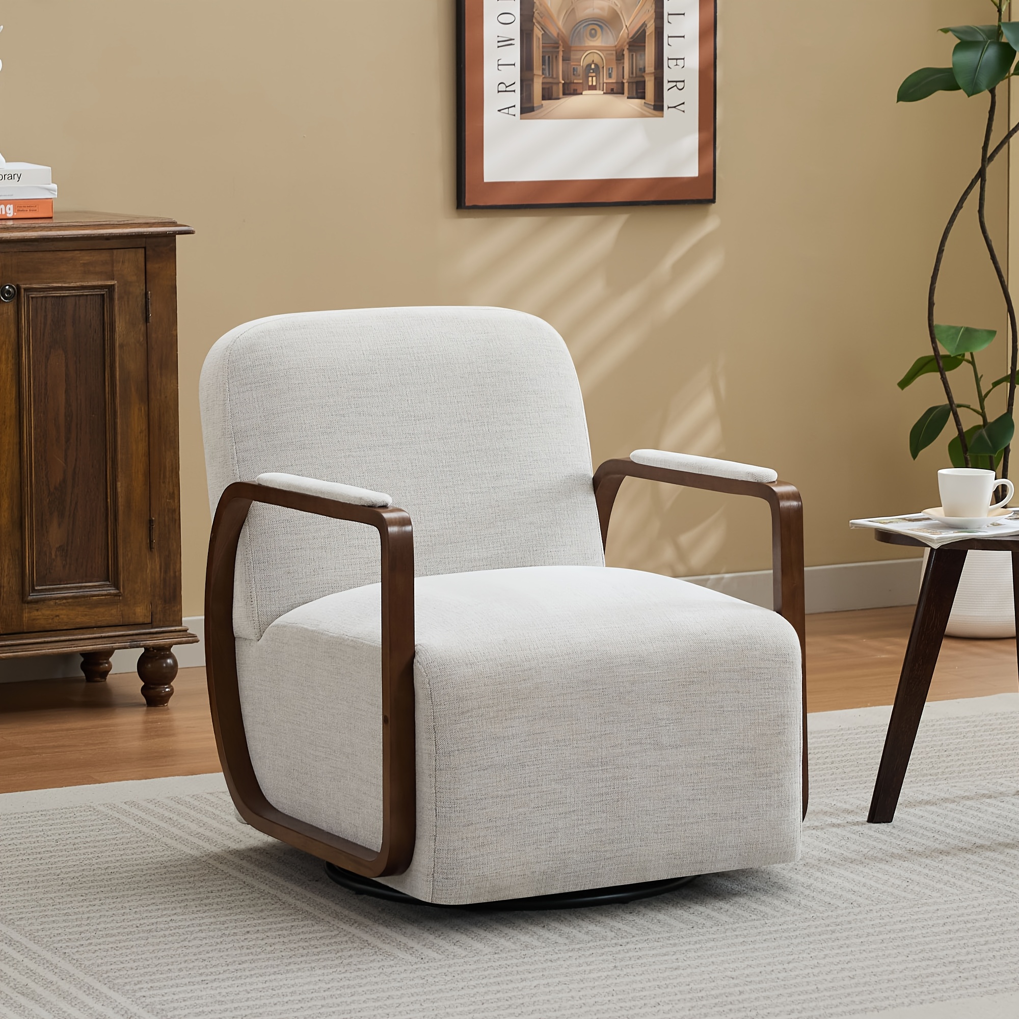 32inch Suede fabric swivel leisure chair, 360°Modern leisure chair with a rotating metal base and wooden armrests, suitable for living rooms and bedrooms