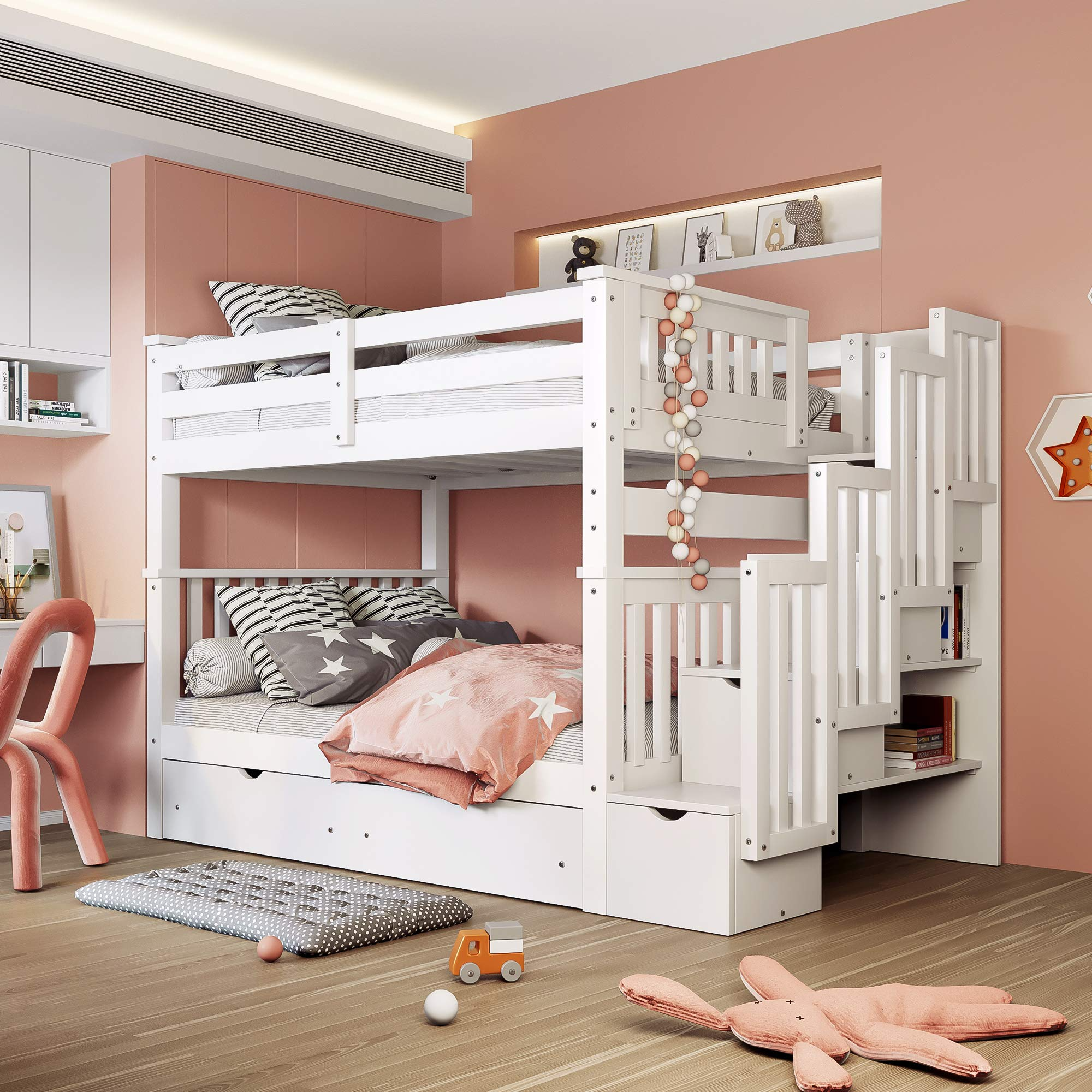 Full Over Full Bunk Bed with Shelves, Stairway Bunk Bed Full Size with 6 Storage Drawers