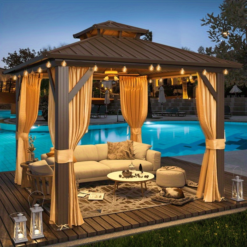 Hard-top gazebo, aluminum alloy frame, double-layer galvanized steel roof, includes curtains and mosquito net, suitable for courtyards, gardens, lawns, and parties