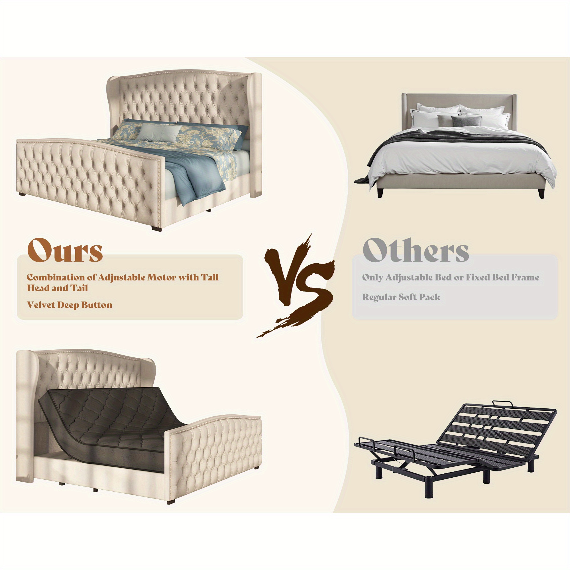 LUXOAK 51inch High-Adjustable Bed Frame, with velvet upholstery and deep-embossed headboard, dual-motor wingback bed with rivet decoration, no box spring required