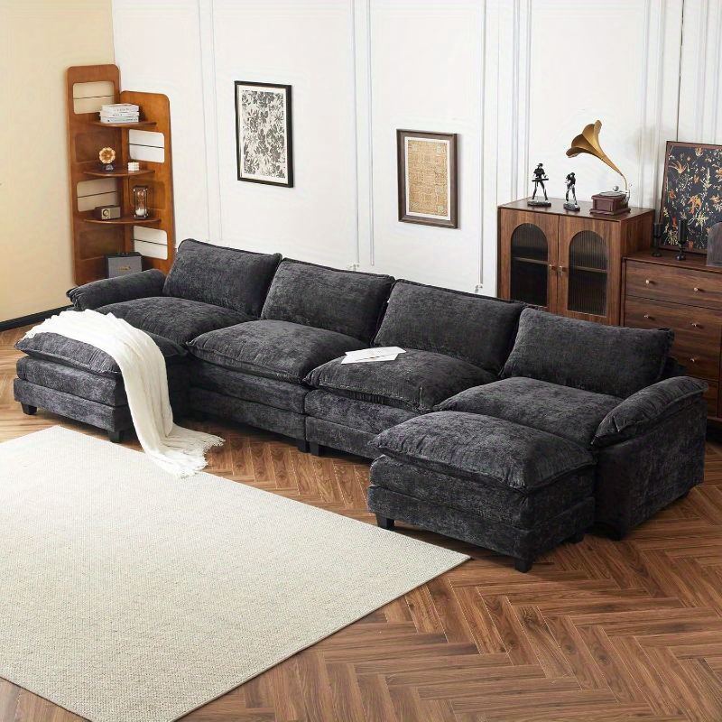 Modern style four-seater L-shaped sectional sofa with movable footrest, comfortable cloud-style design, suitable for living rooms, bedrooms, offices, and small spaces, requires simple assembly, beige color