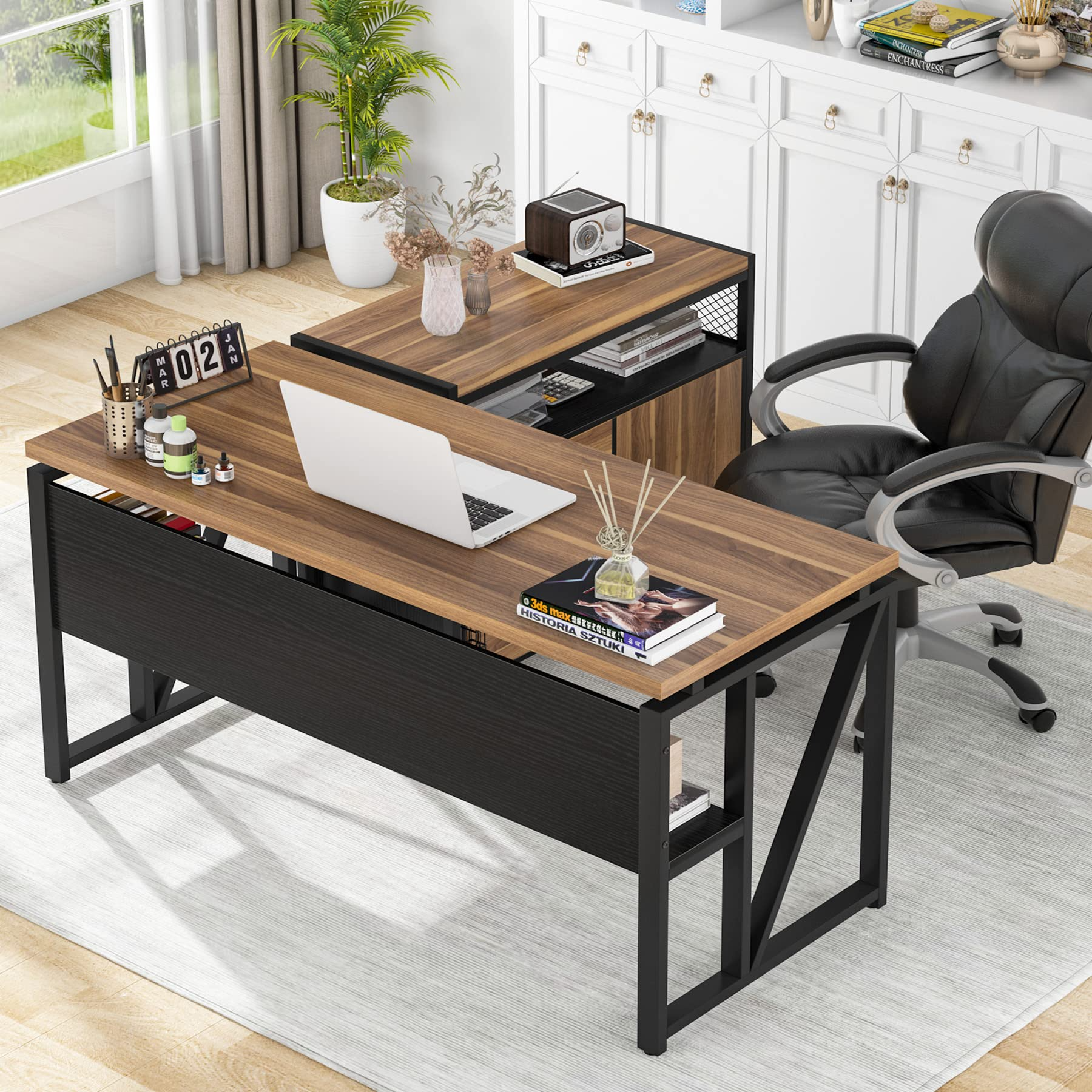 L Shaped Desk with Drawer Cabinet, 55
