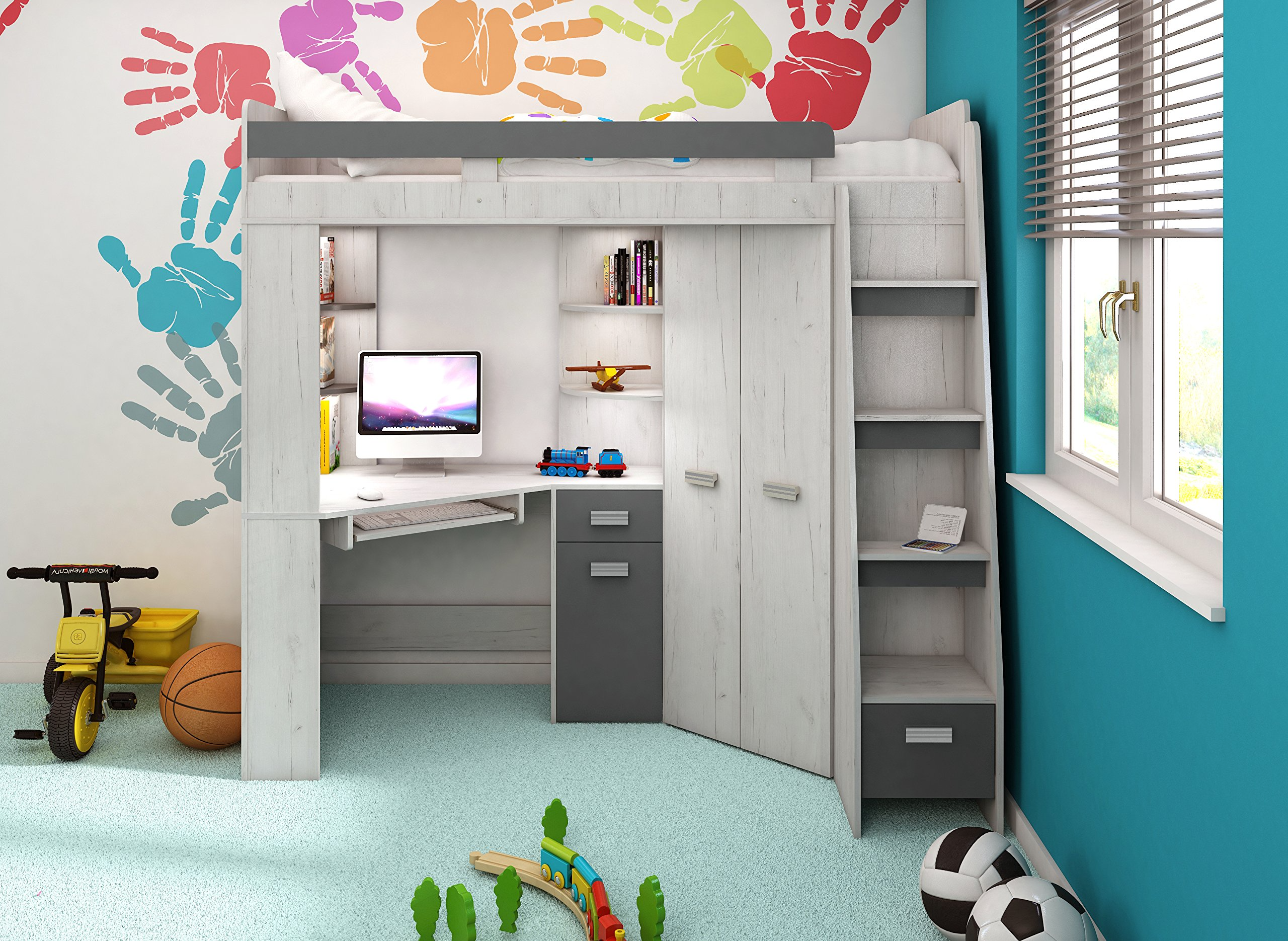 High Sleeper/Bunk Bed - All In 1 Right or Left Hand-side Stairs - Kids/Children Furniture Set